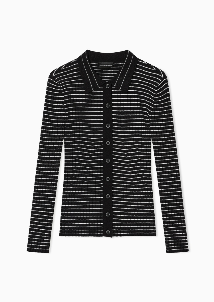 Emporio Armani 女士长袖翻领纽扣门襟条纹针织开衫