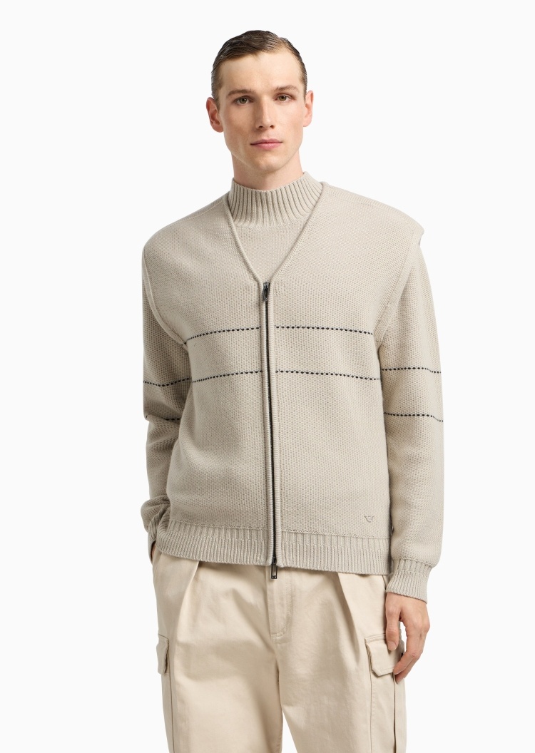 Emporio Armani 男女同款绵羊毛情侣半高领条纹套头针织毛衣