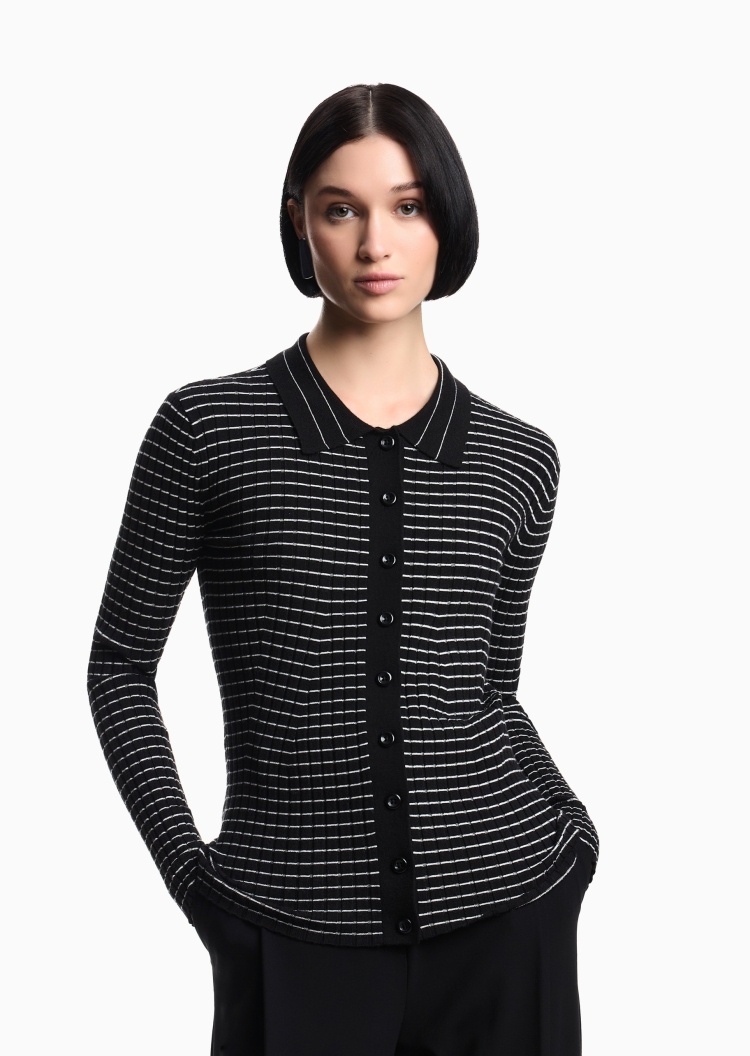 Emporio Armani 女士长袖翻领纽扣门襟条纹针织开衫