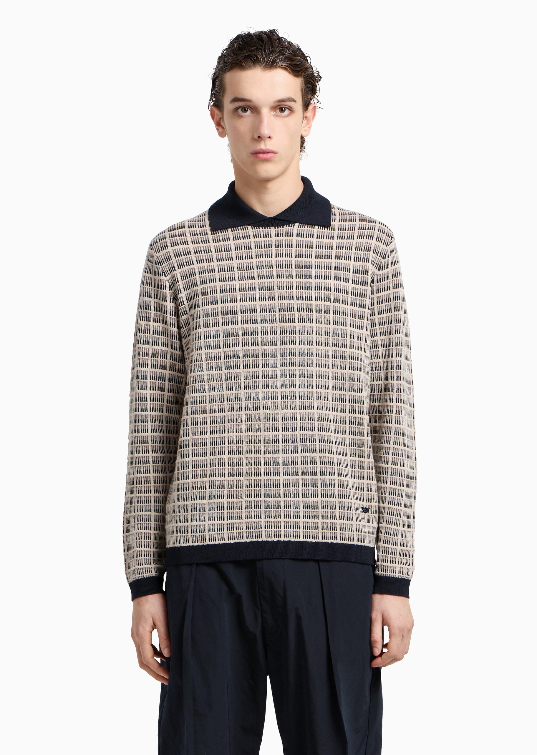 Emporio Armani 男士绵羊毛Polo领格纹套头针织毛衣