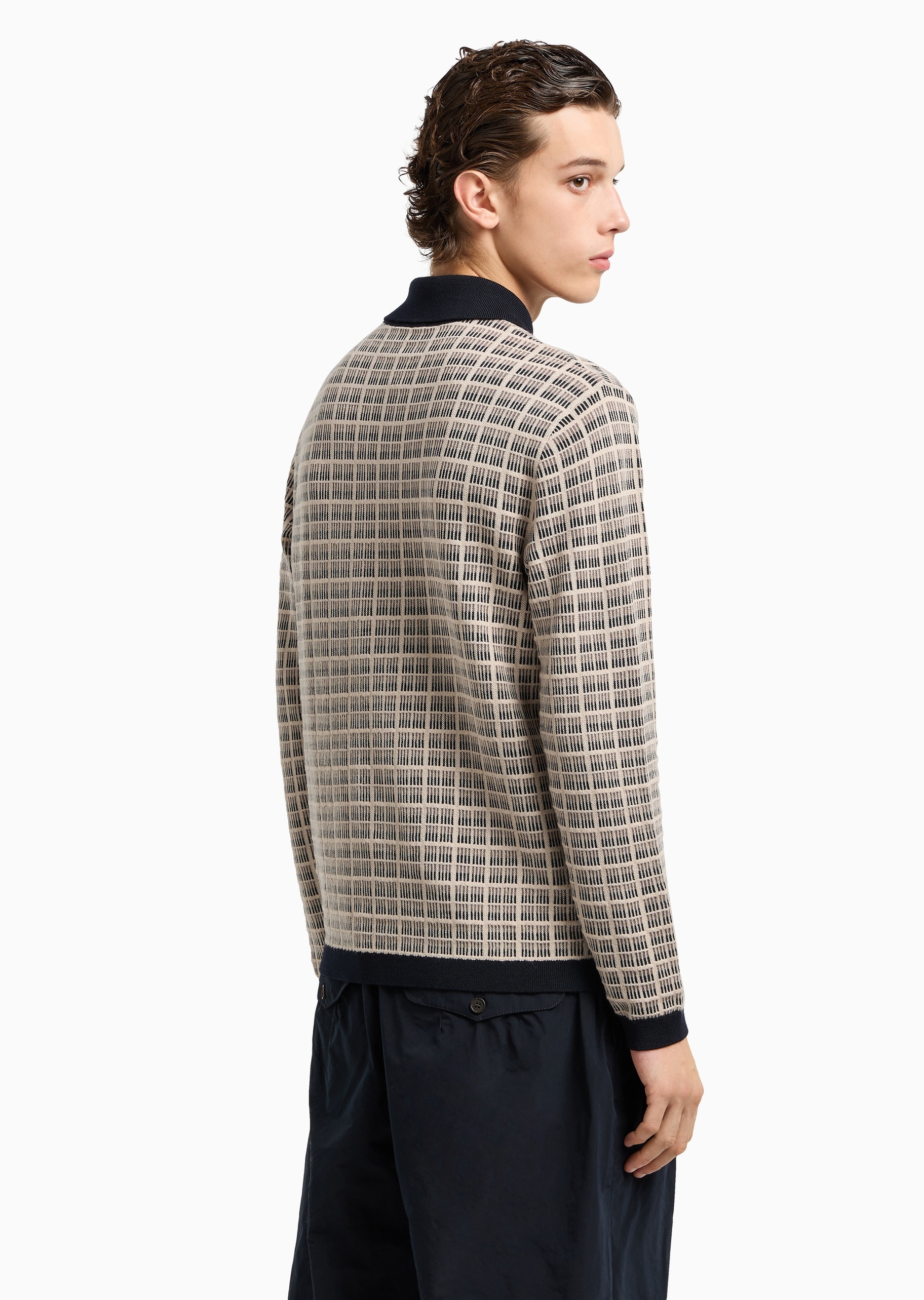 Emporio Armani 男士绵羊毛Polo领格纹套头针织毛衣