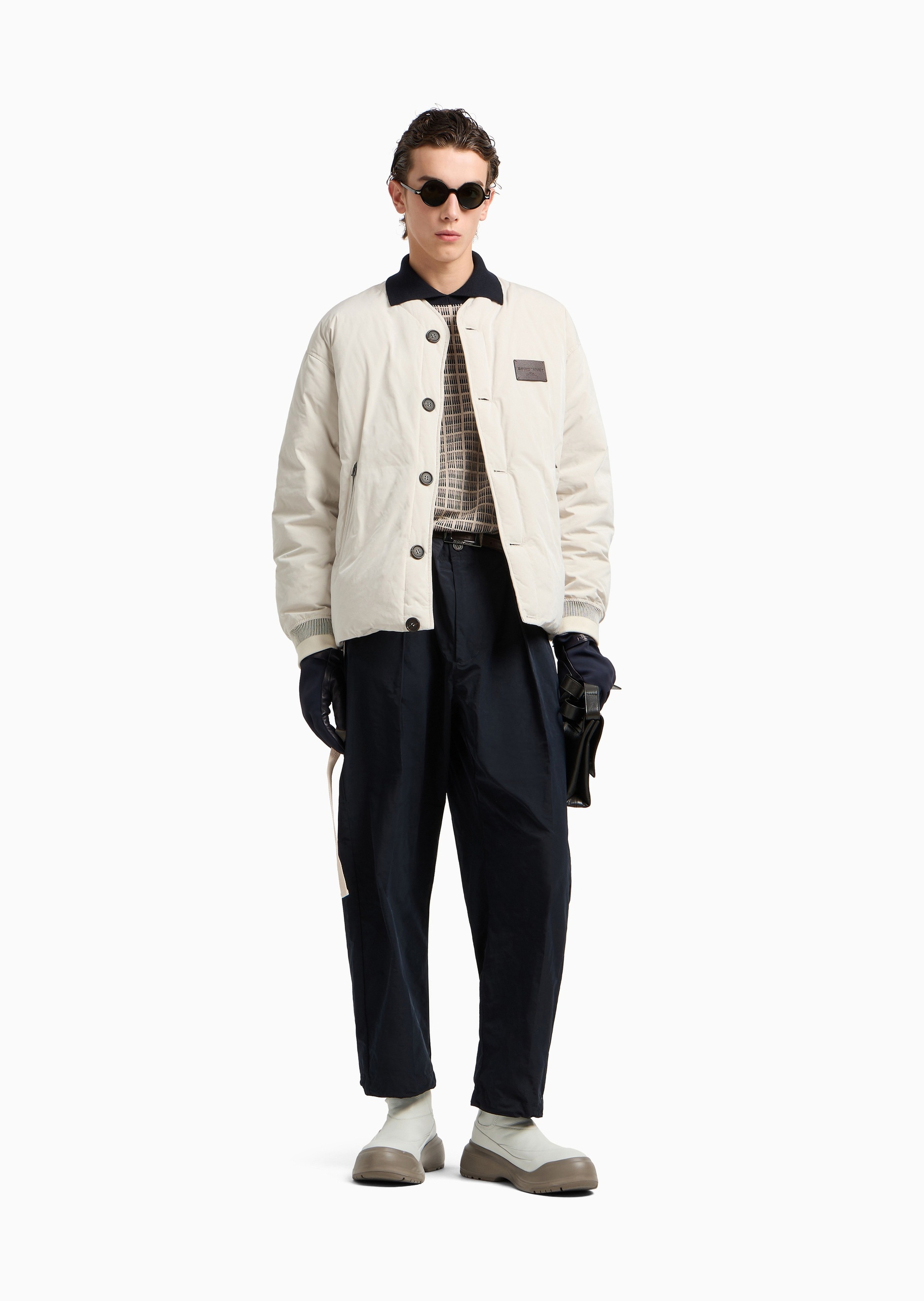 Emporio Armani 男士绵羊毛Polo领格纹套头针织毛衣