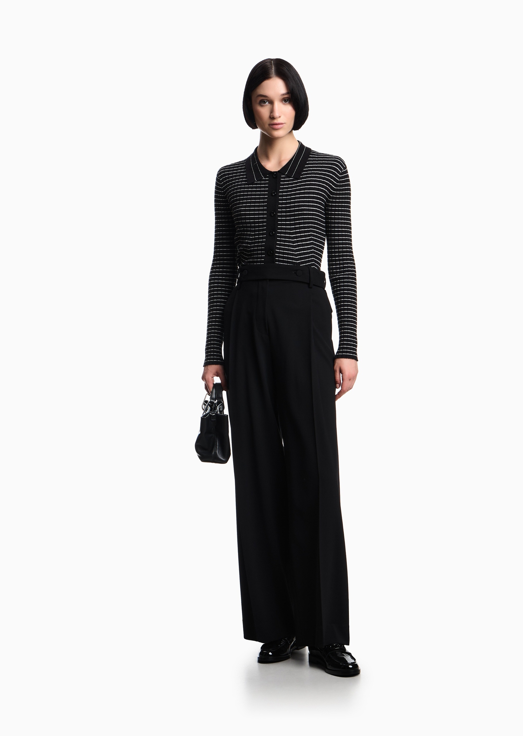 Emporio Armani 女士长袖翻领纽扣门襟条纹针织开衫