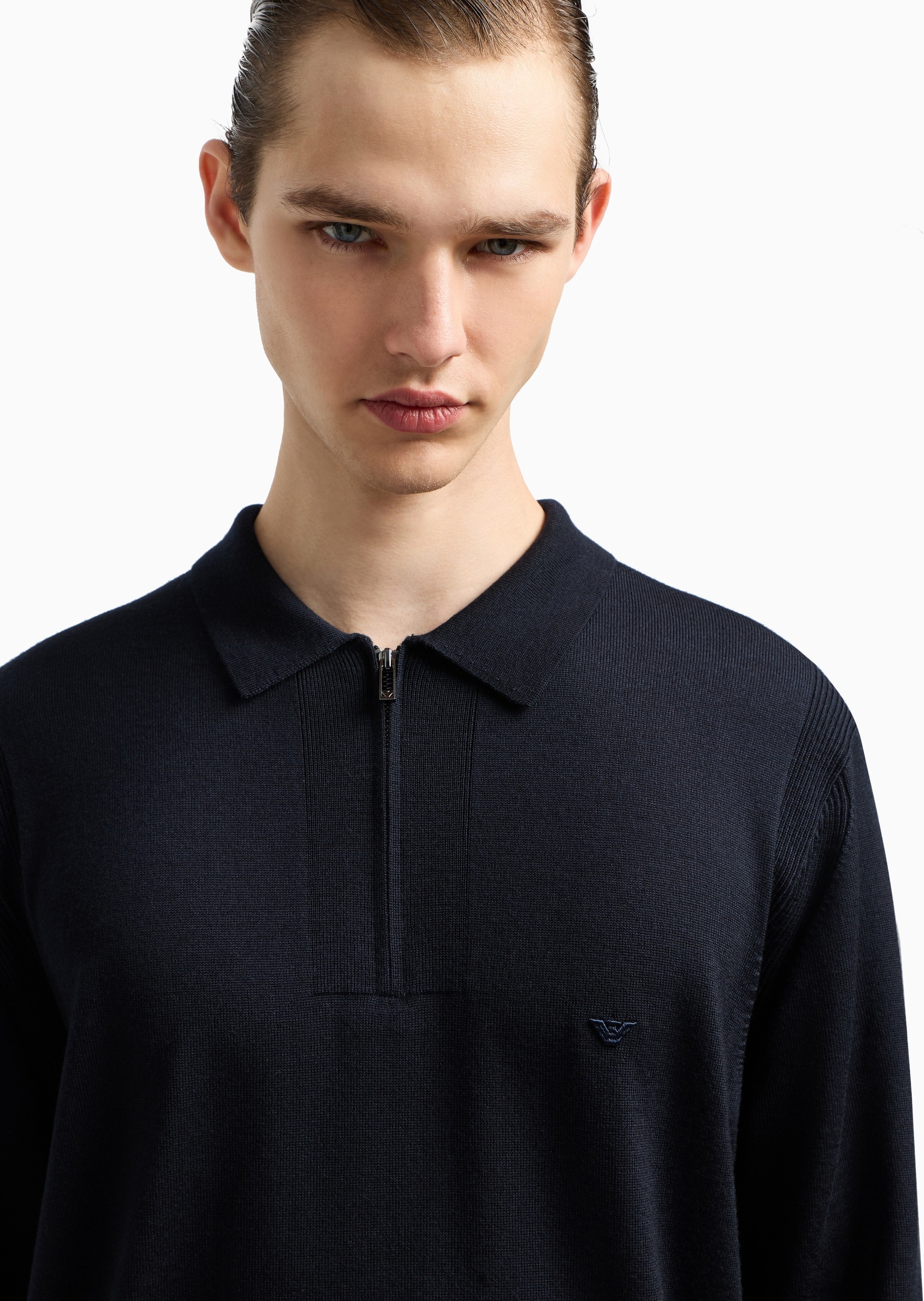 Emporio Armani 男士绵羊毛Polo领套头半拉链针织毛衣