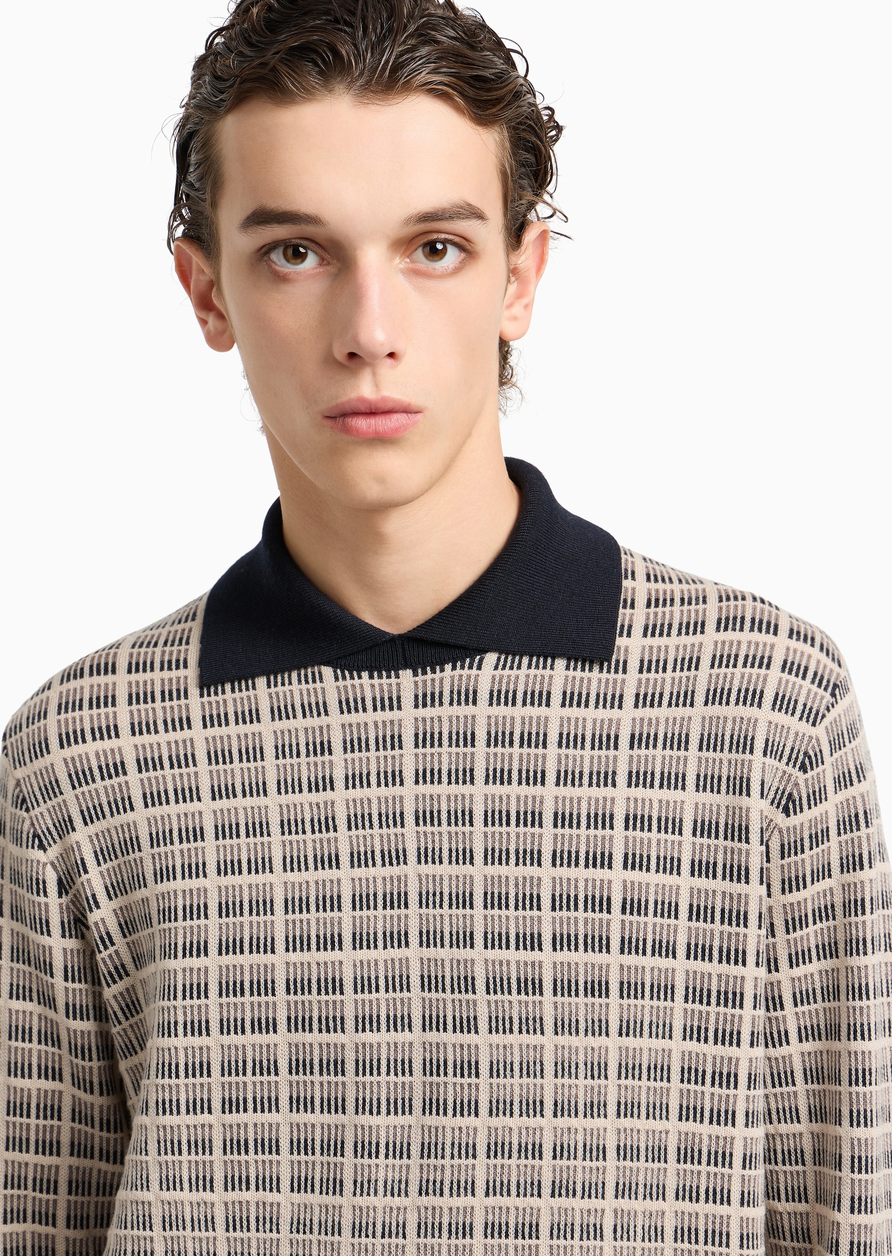 Emporio Armani 男士绵羊毛Polo领格纹套头针织毛衣