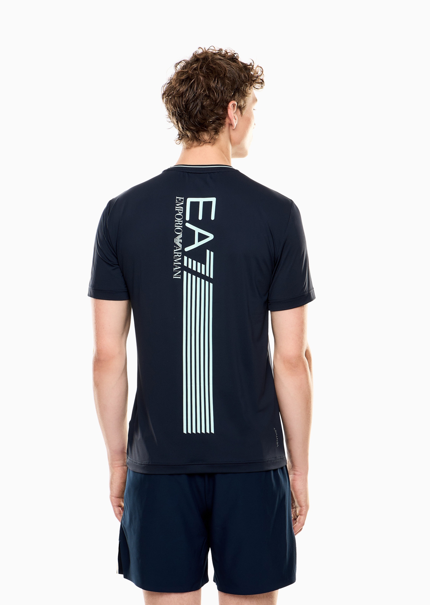 EA7 男士弹力合身短袖圆领正肩撞色标识网球T恤