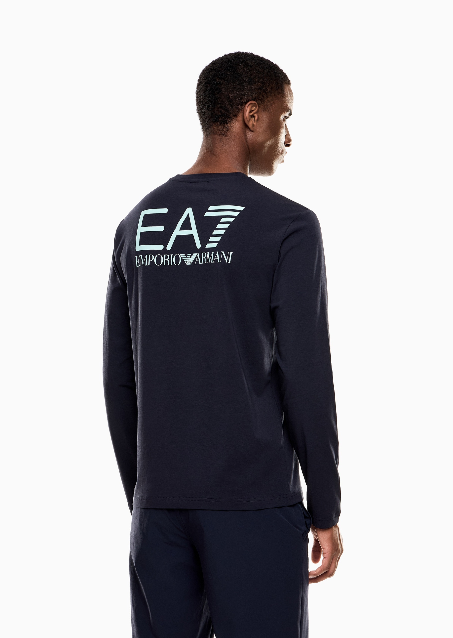 EA7 男士纯棉弹力合身长袖圆领网球T恤