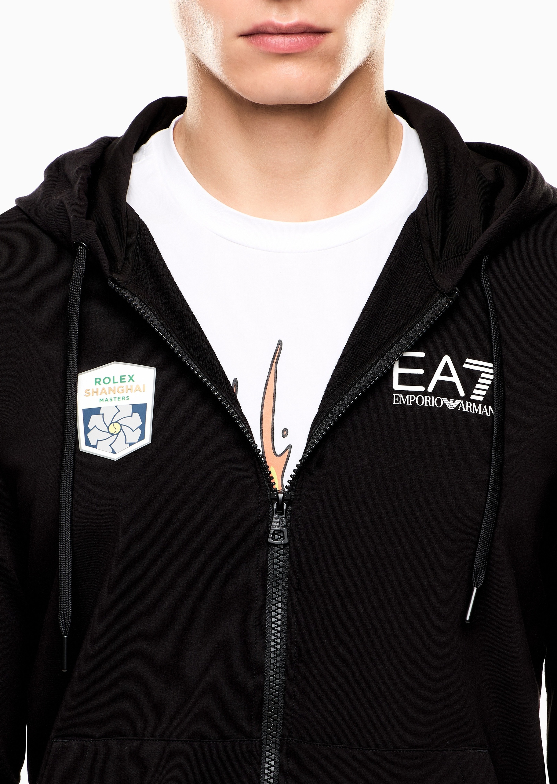 EA7 男士纯棉弹力合身长袖连帽网球印花卫衣外套