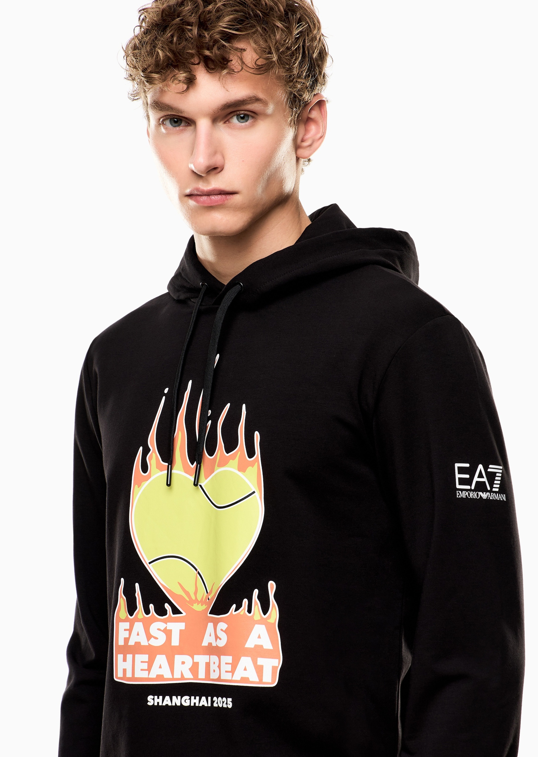 EA7 男士纯棉弹力合身长袖连帽网球撞色印花卫衣