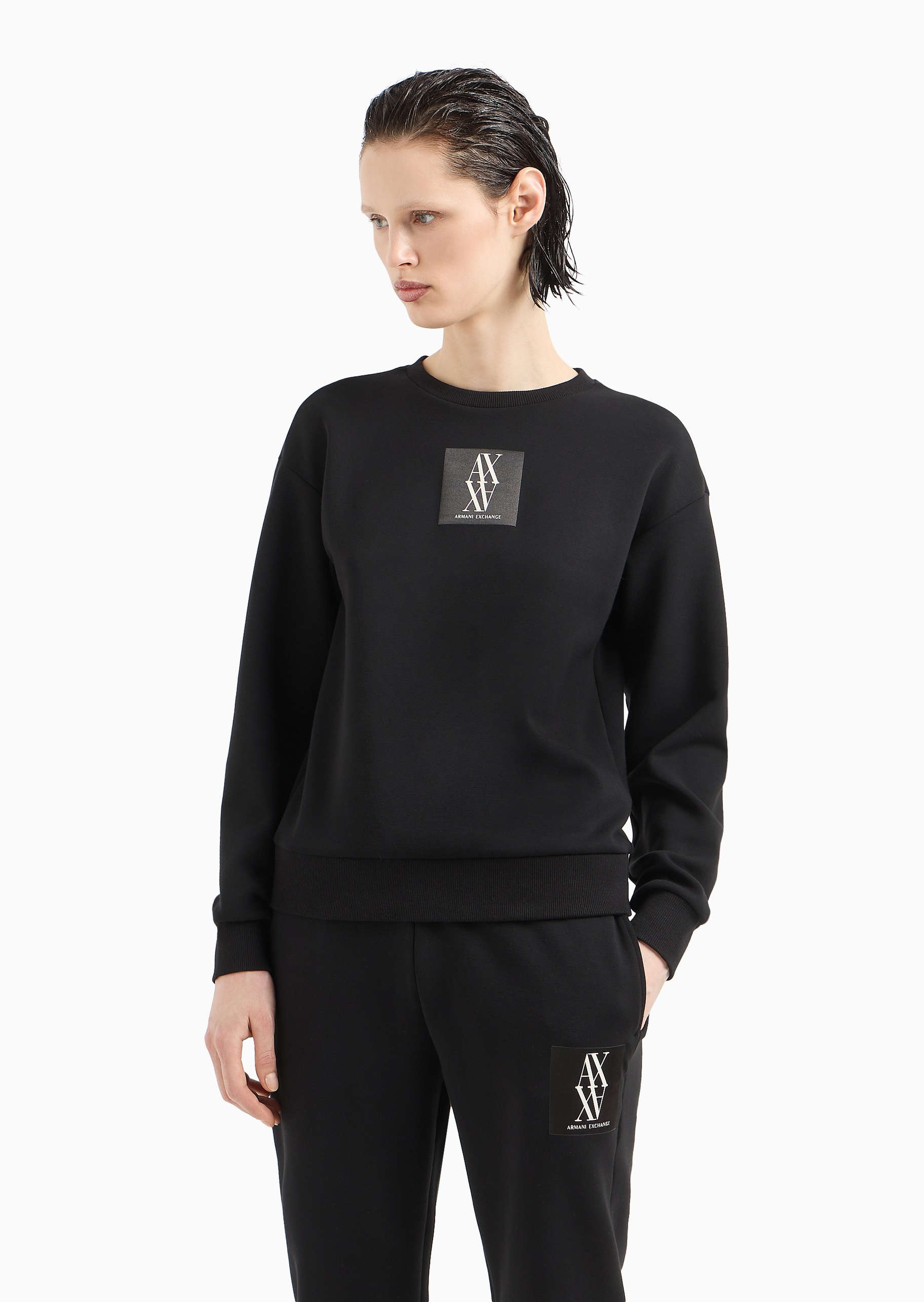 ARMANI EXCHANGE 女士弹力合身长袖圆领落肩LOGO卫衣