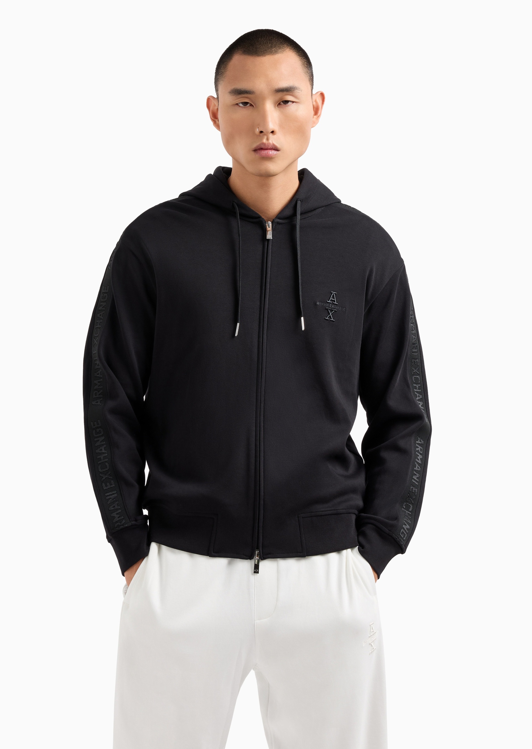 ARMANI EXCHANGE 男士全棉合身长袖连帽徽标饰带卫衣外套