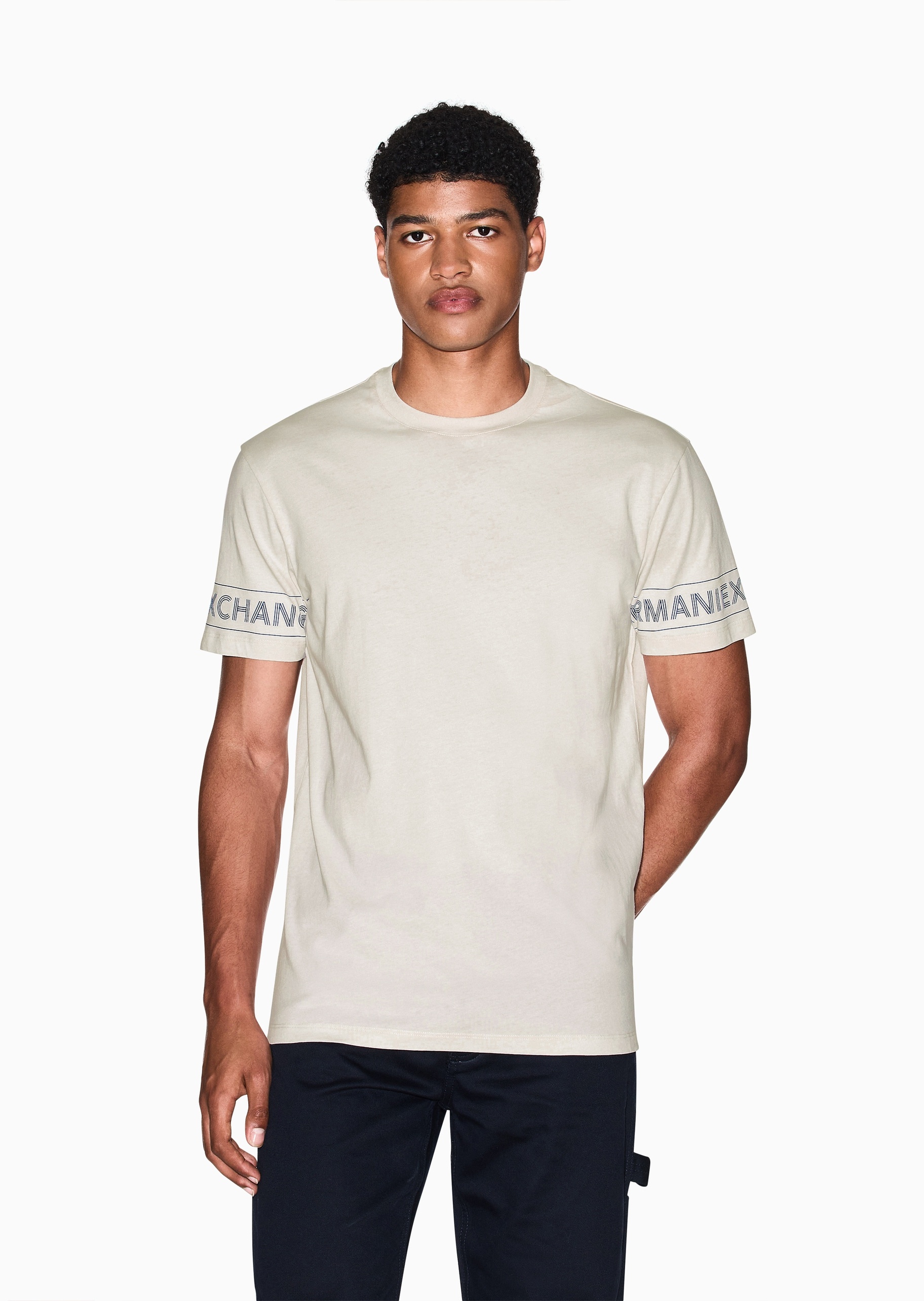 ARMANI EXCHANGE 男士纯棉合身短袖圆领字母饰边轻薄T恤衫