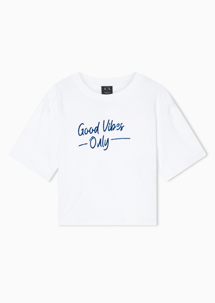 ARMANI EXCHANGE 女士纯棉轻薄宽松短袖圆领落肩印花撞色T恤