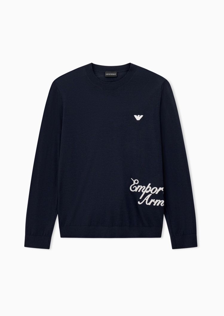 Emporio Armani 男士绵羊毛长袖圆领刺绣套头针织毛衣