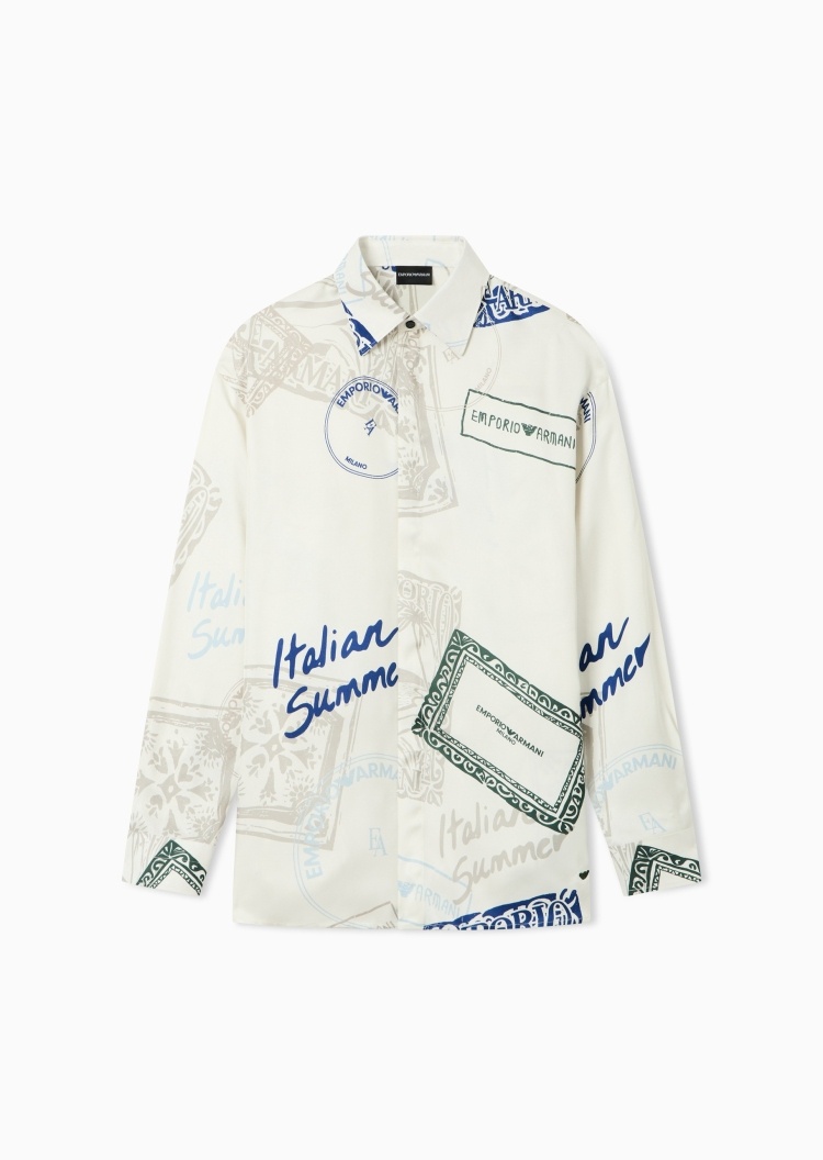 Emporio Armani 男士长袖翻领印花复古商务休闲衬衫