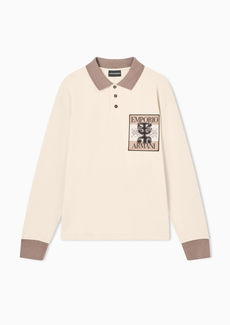 Emporio Armani 男士纯棉长袖翻领贴片Polo衫