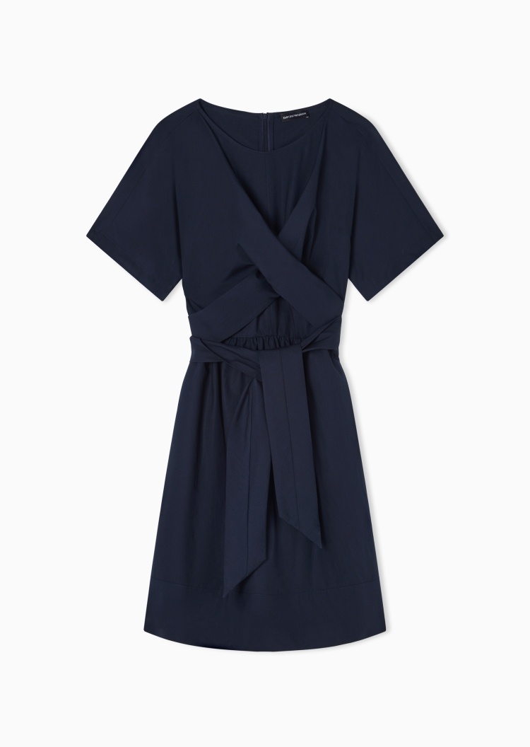 Emporio Armani 女士纯棉短袖圆领系带收腰连衣裙