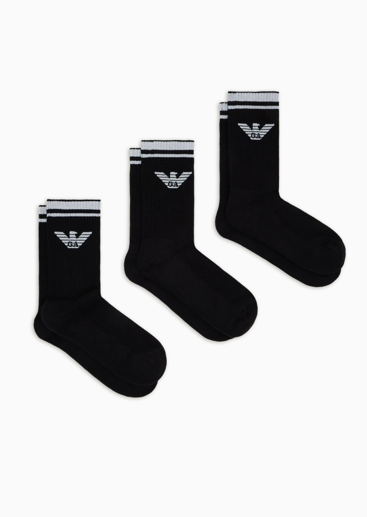 Emporio Armani 男士棉质微弹中筒三双装鹰标提花袜子套装