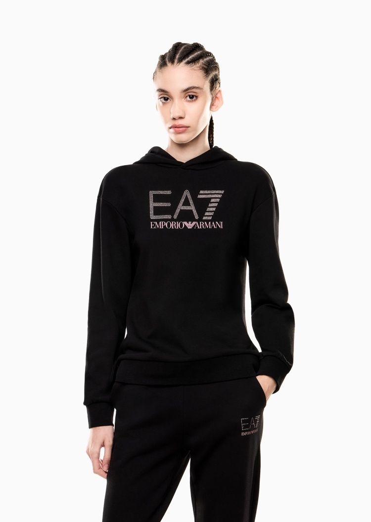 EA7 女士棉质合身长袖连帽套头水钻重磅卫衣