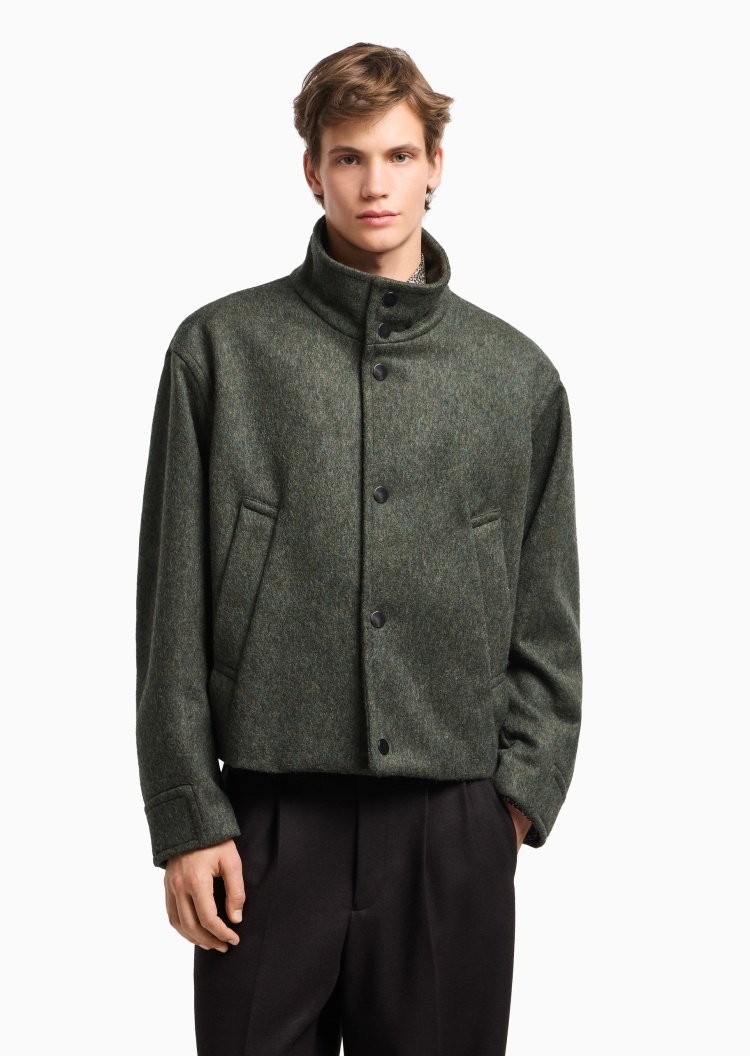 Emporio Armani 男士绵羊毛长袖立领按扣门襟夹克