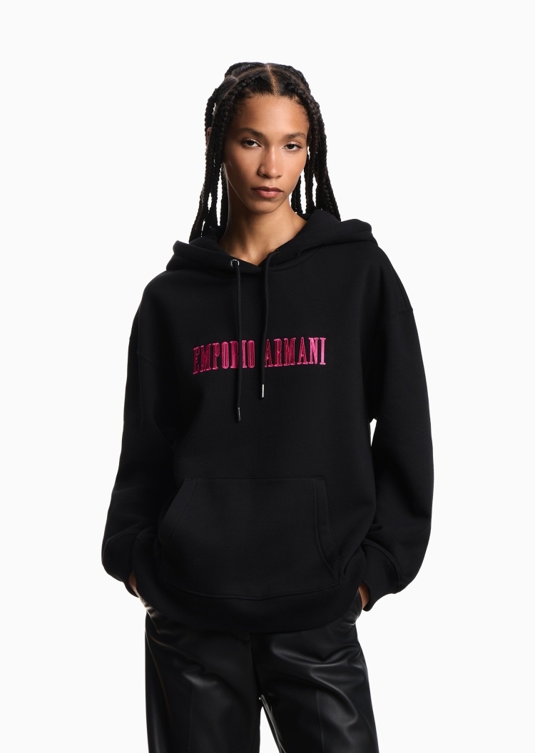 Emporio Armani 女士棉质宽松长袖连帽撞色刺绣加绒卫衣