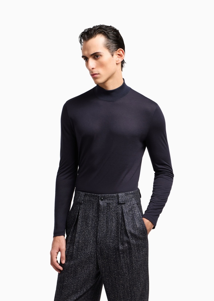 Giorgio Armani 男士人造棉修身长袖企领纯色针织衫
