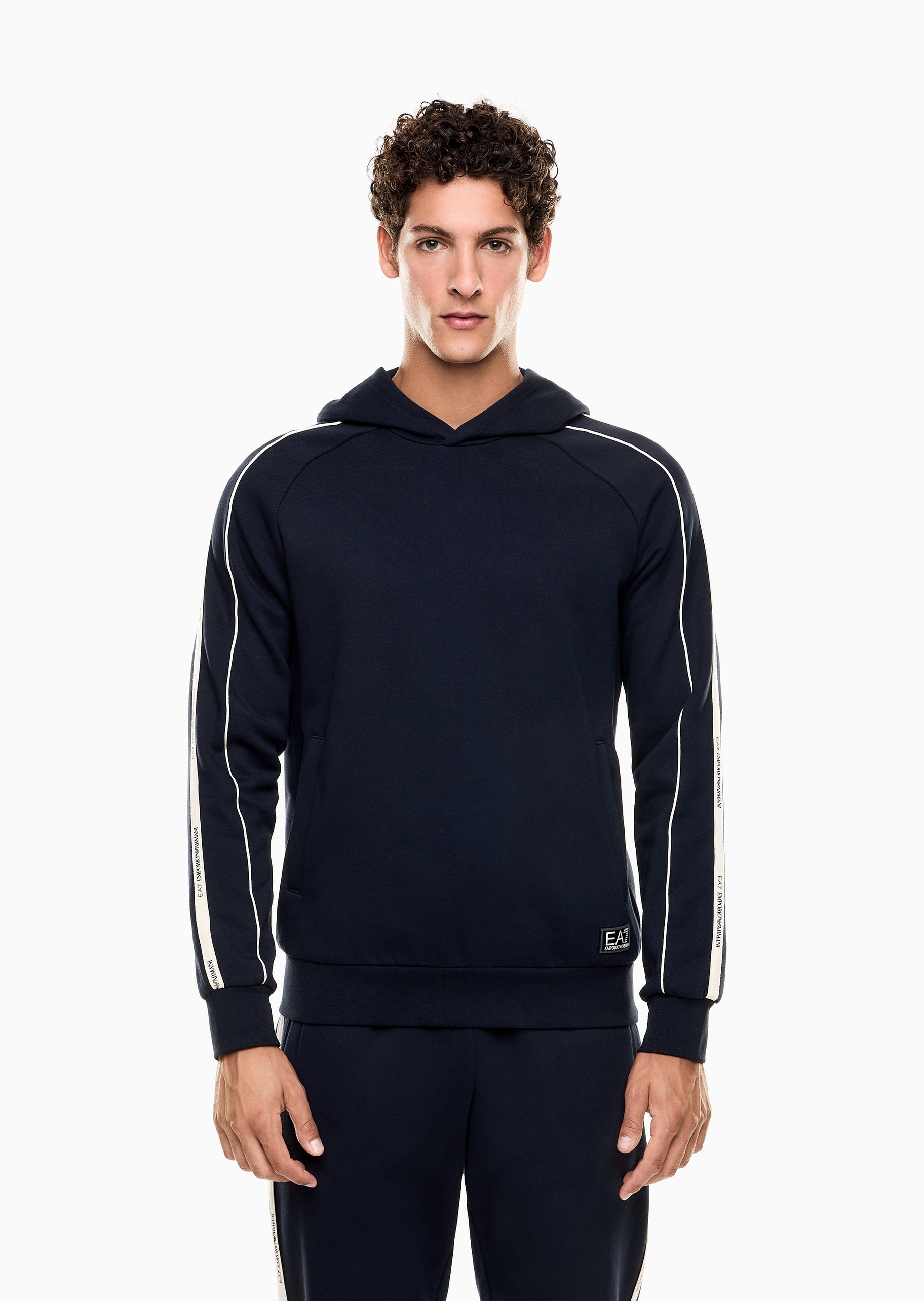 EA7 男士短款合身重磅加绒连帽套头卫衣