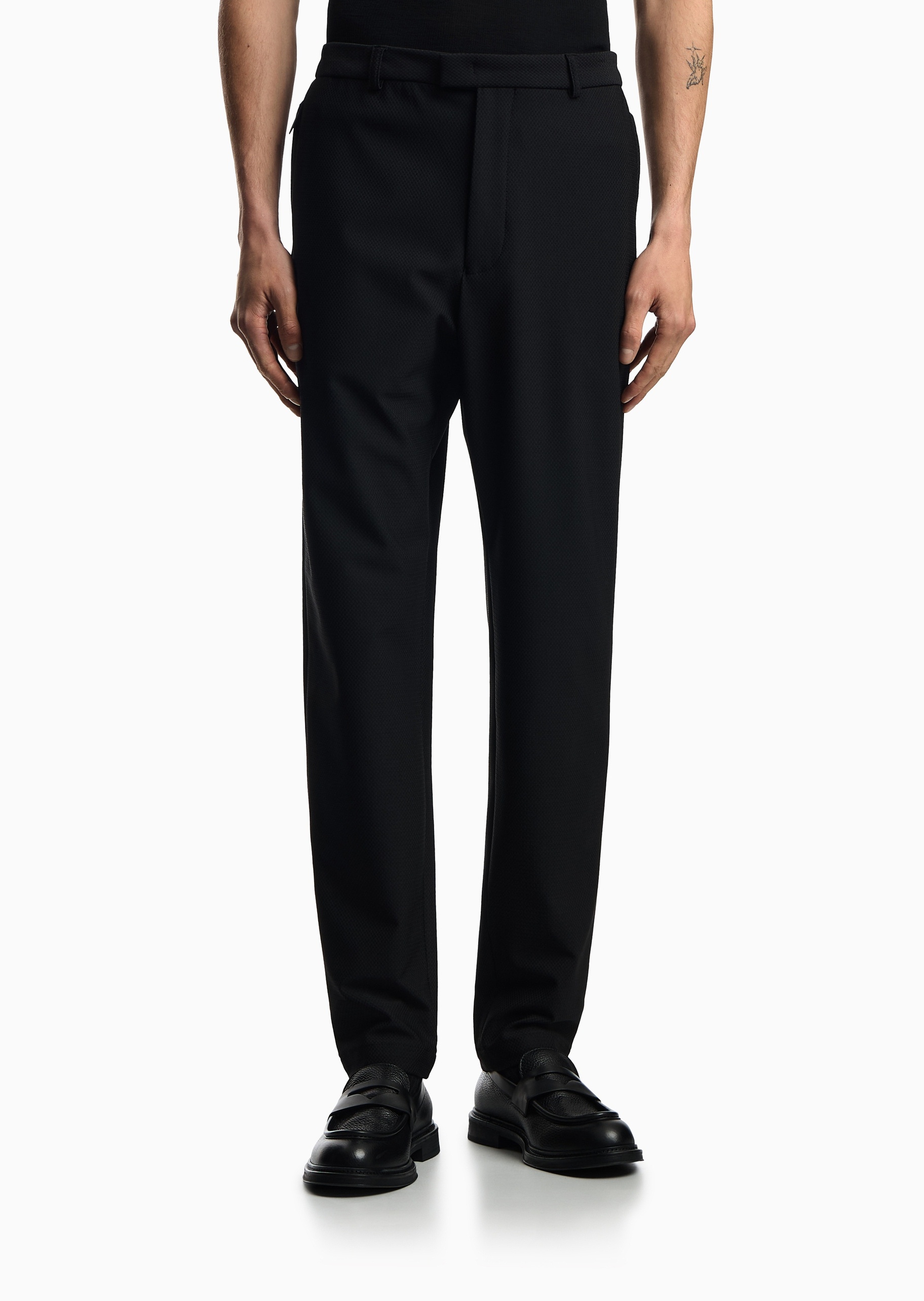 Emporio Armani 男士弹力合身长款直筒通体格纹休闲裤