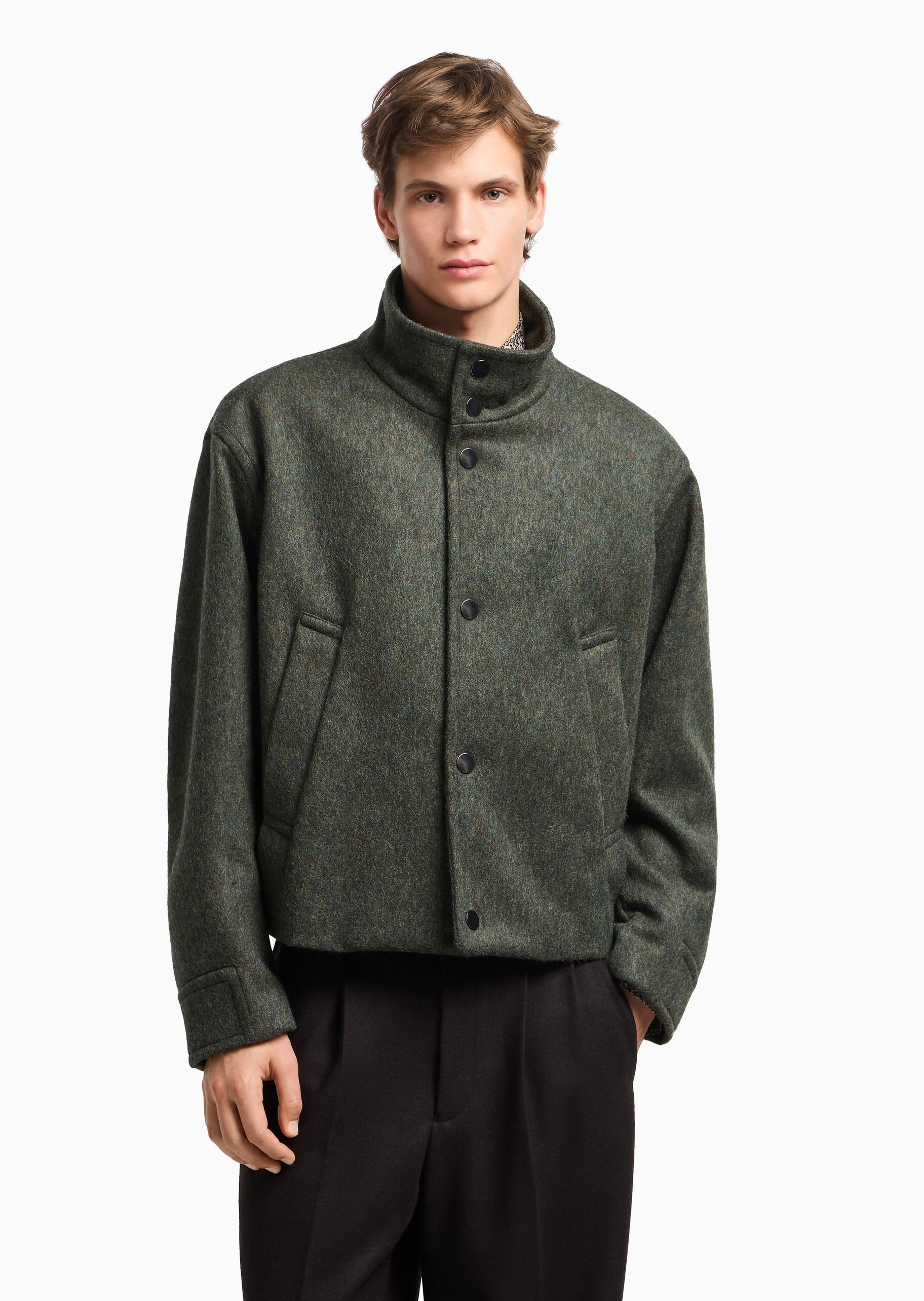Emporio Armani 男士绵羊毛长袖立领按扣门襟夹克