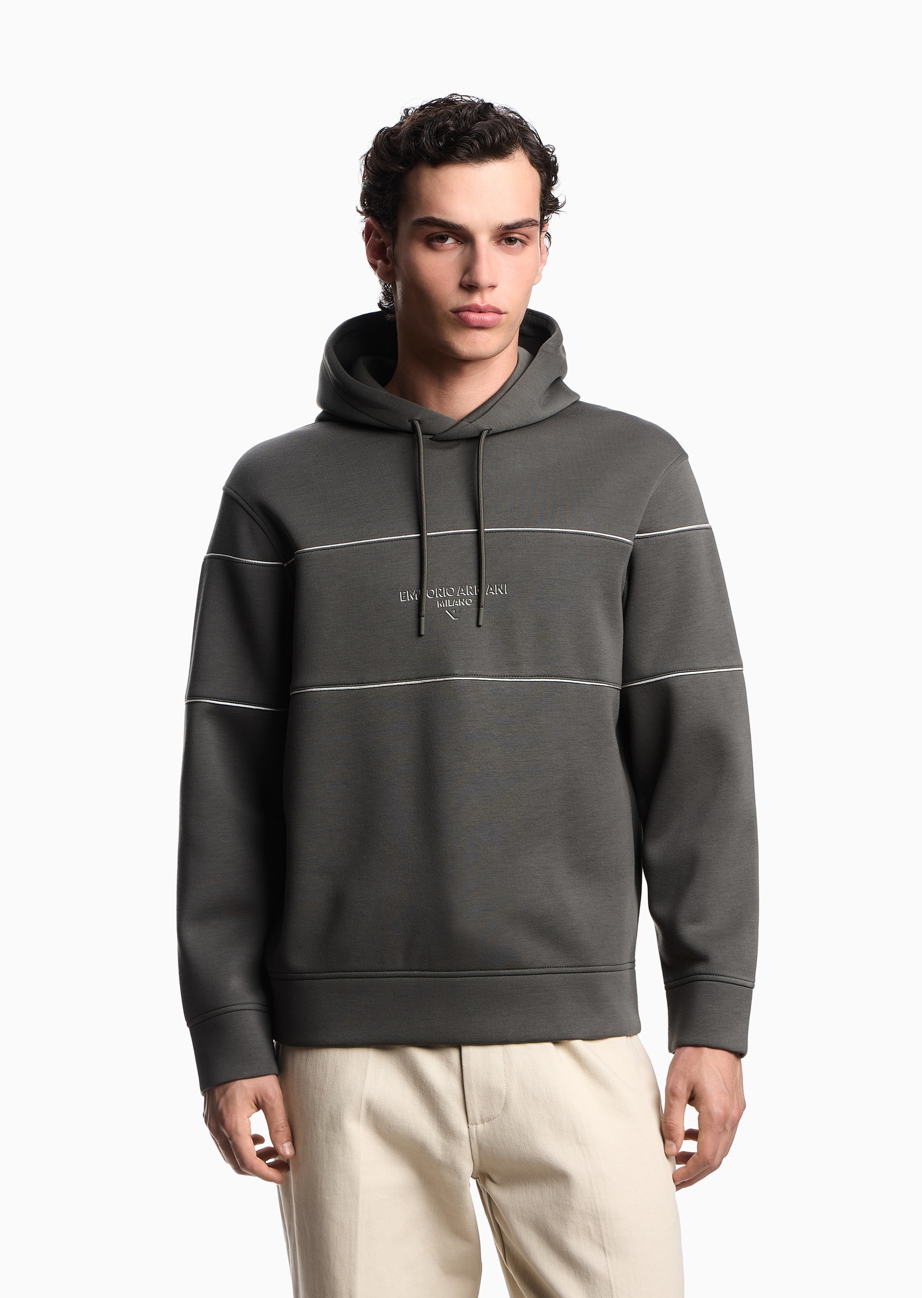 Emporio Armani 男士莫代尔宽松长袖连帽标识印花卫衣