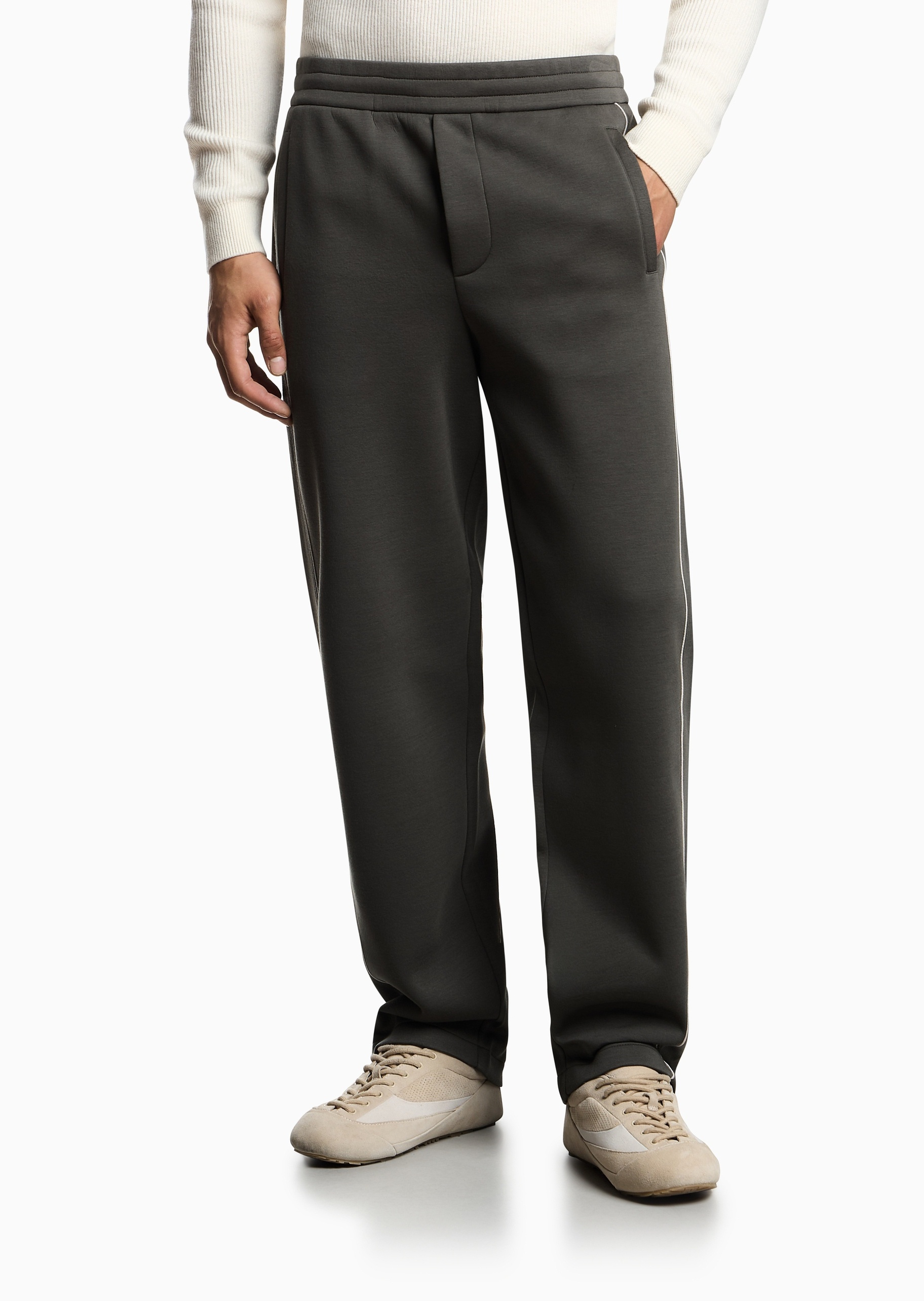 Emporio Armani 男士莫代尔宽松长款直筒撞色滚边休闲裤