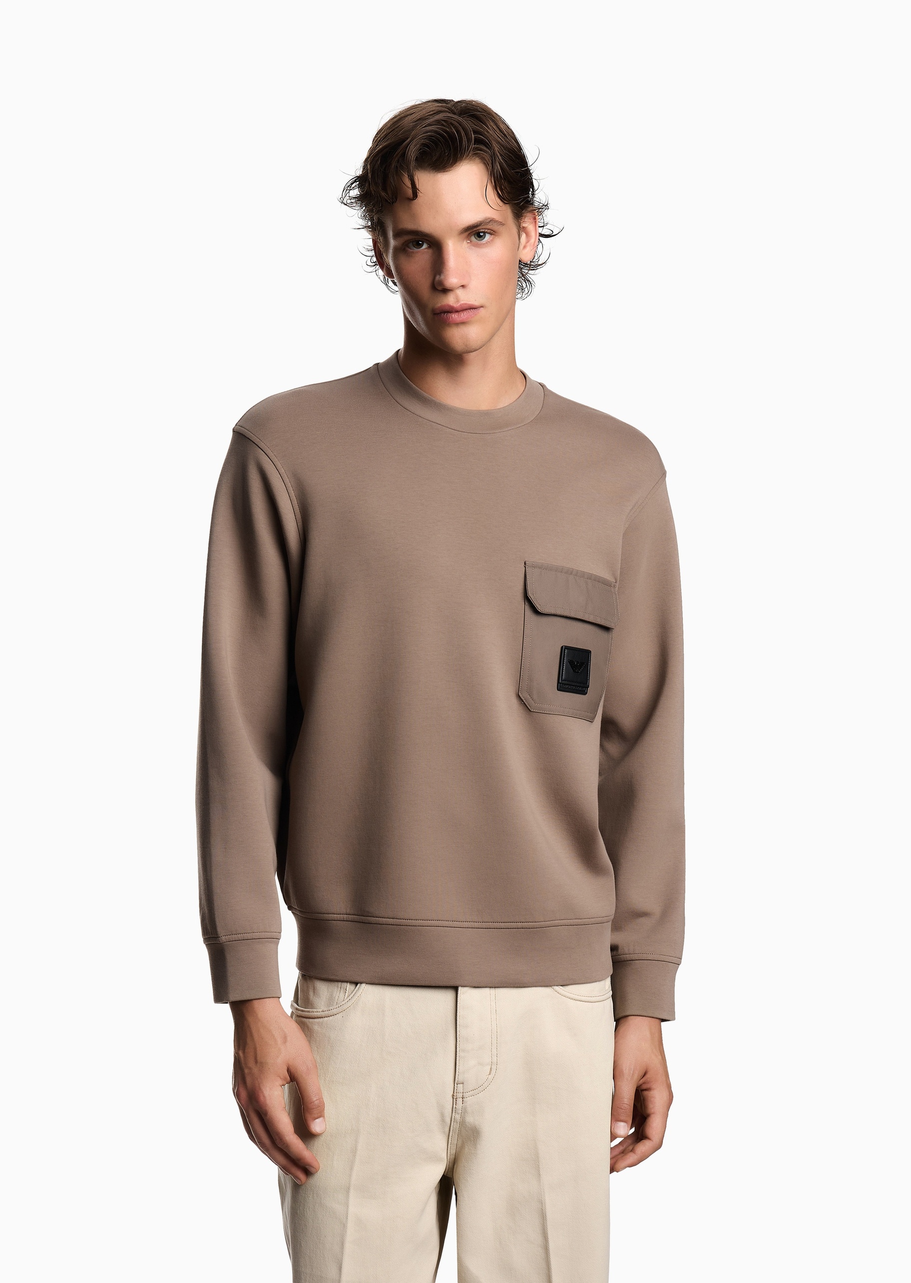 Emporio Armani 男士棉质宽松长袖重磅圆领套头翻盖口袋卫衣