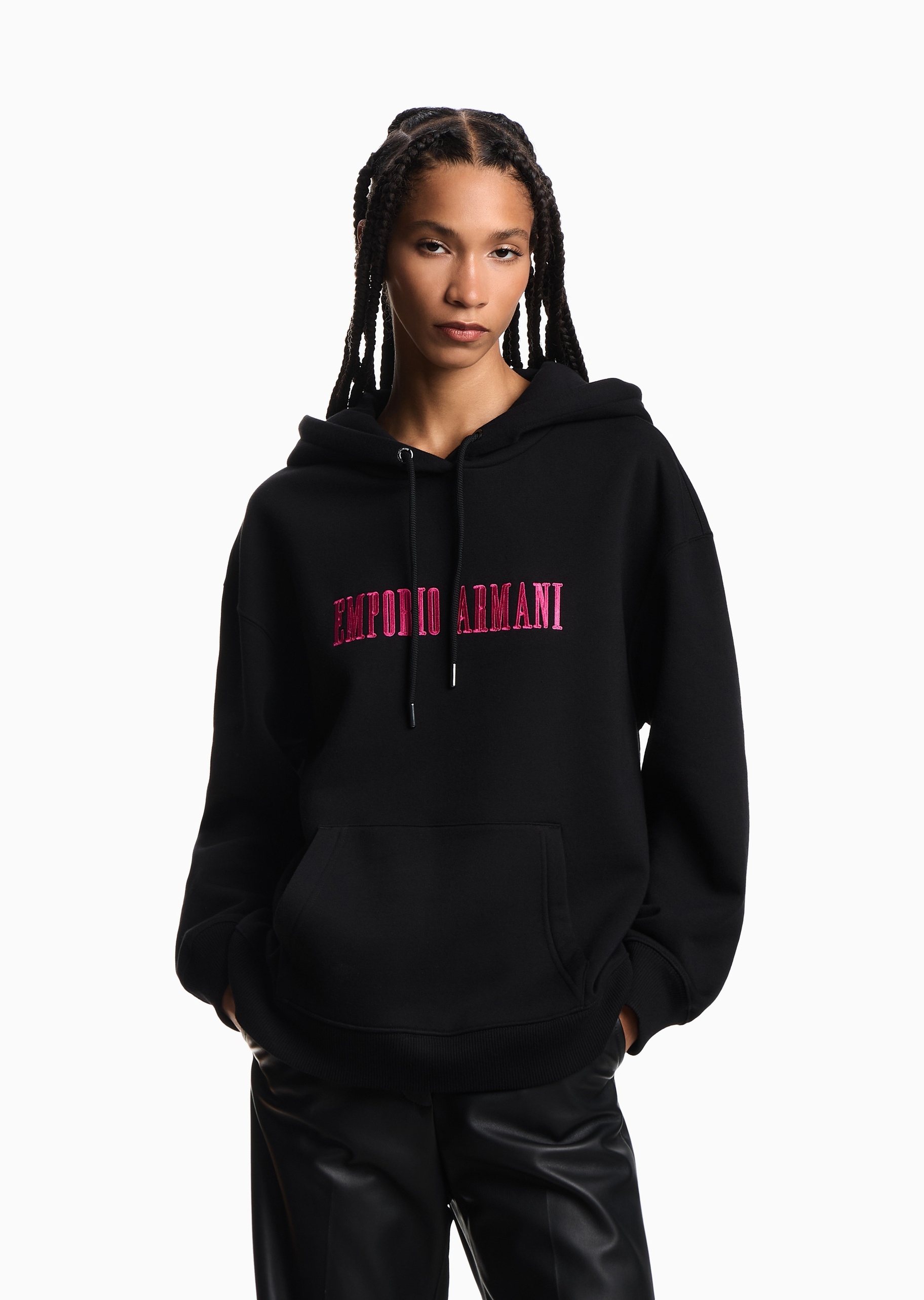 Emporio Armani 女士棉质宽松长袖连帽撞色刺绣加绒卫衣