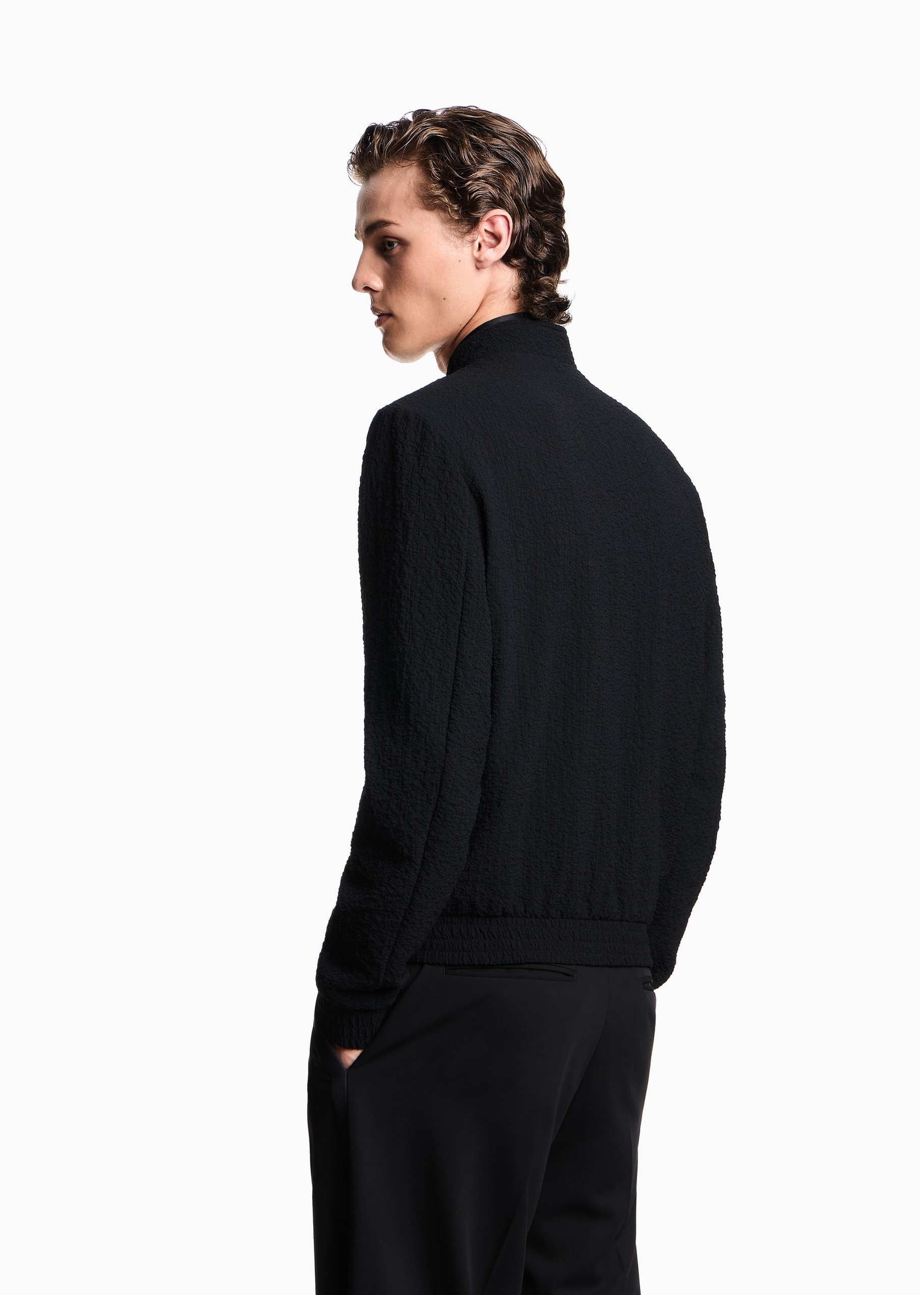 Emporio Armani 男士泡泡纱长袖立领拉链门襟夹克
