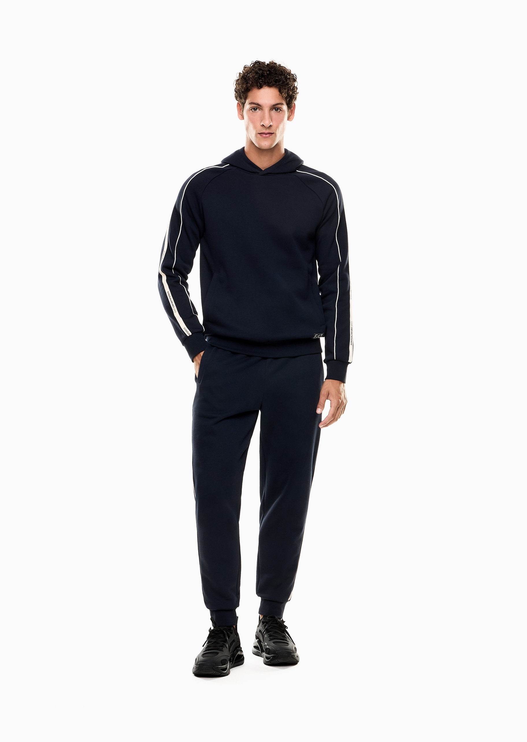 EA7 男士短款合身重磅加绒连帽套头卫衣