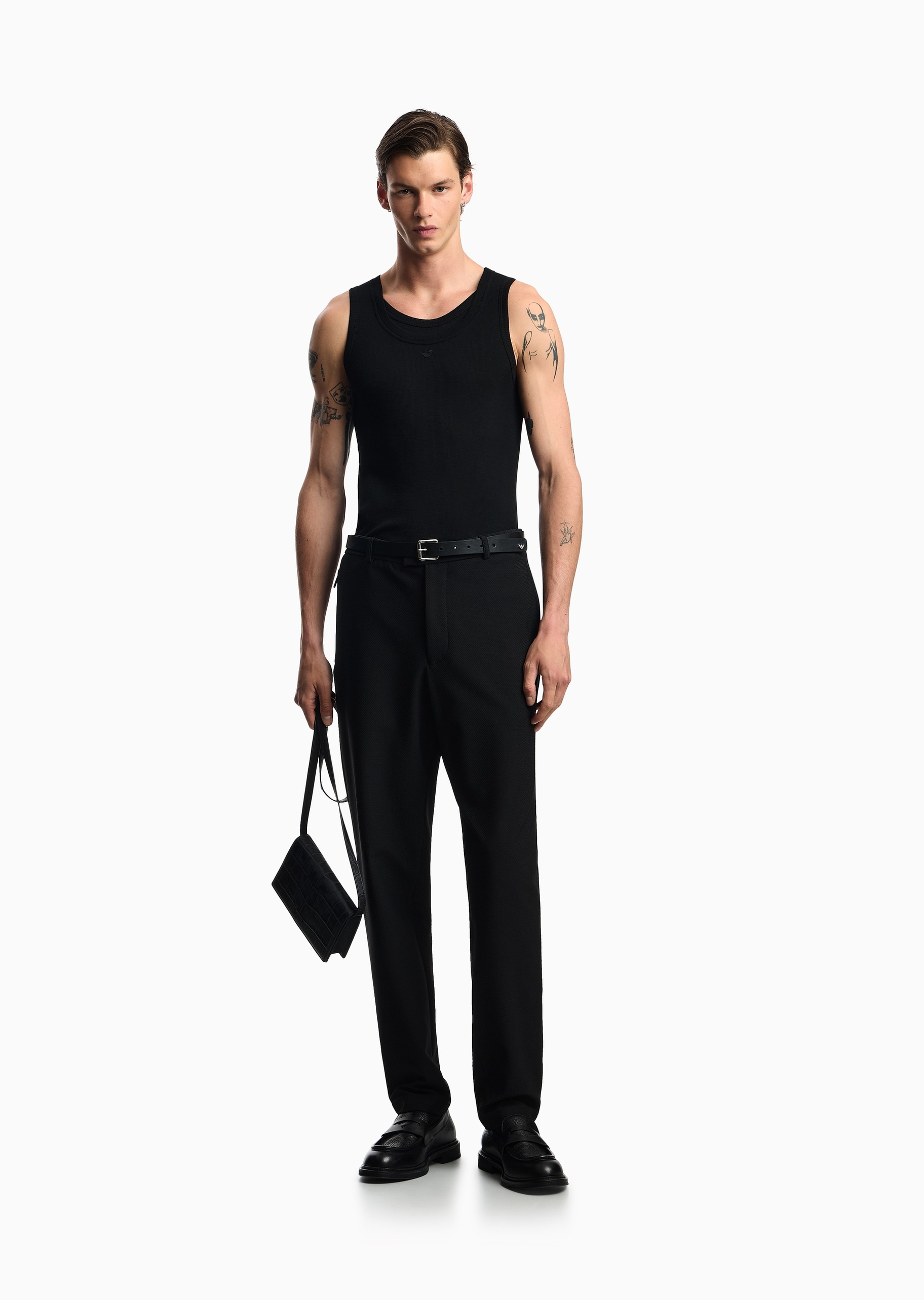 Emporio Armani 男士弹力合身长款直筒通体格纹休闲裤