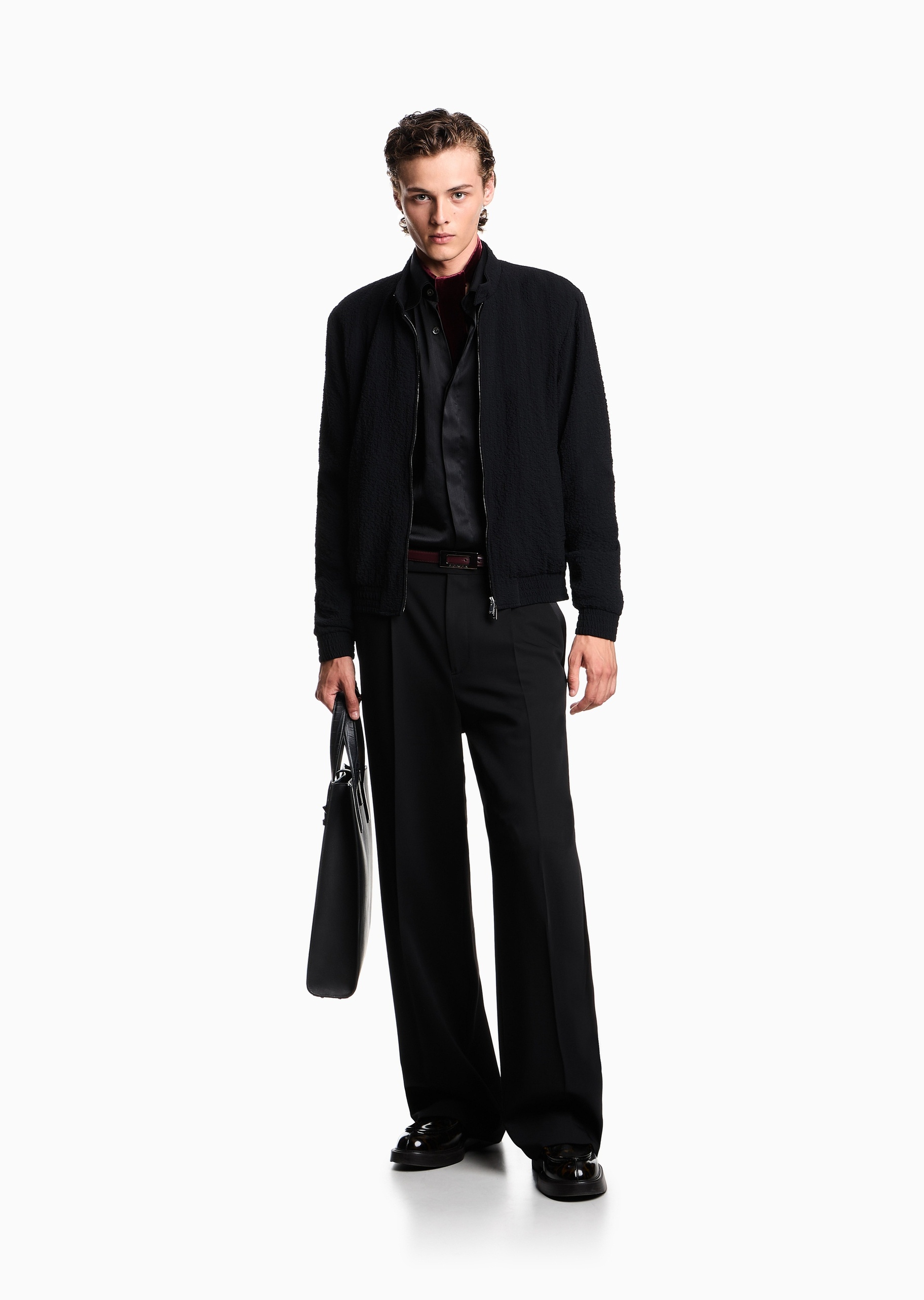 Emporio Armani 男士泡泡纱长袖立领拉链门襟夹克