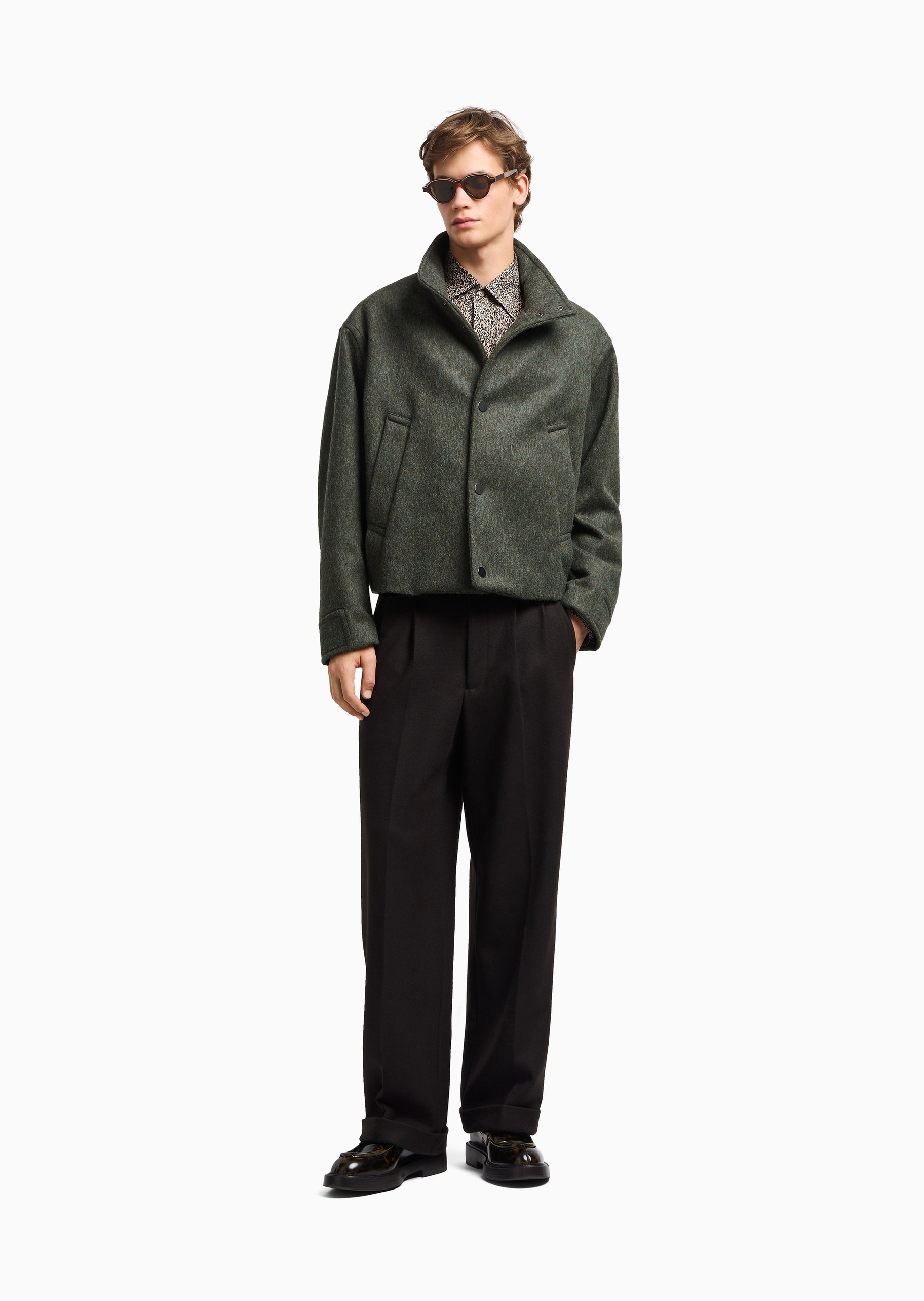 Emporio Armani 男士绵羊毛长袖立领按扣门襟夹克