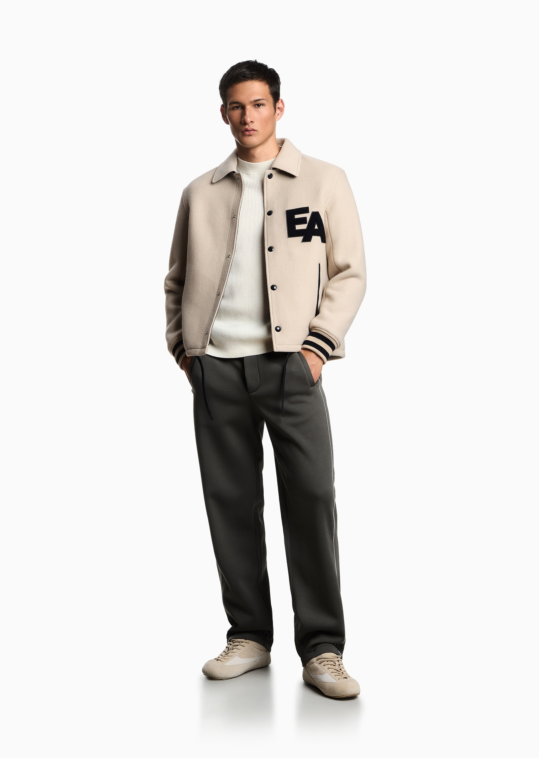 Emporio Armani 男士莫代尔宽松长款直筒撞色滚边休闲裤