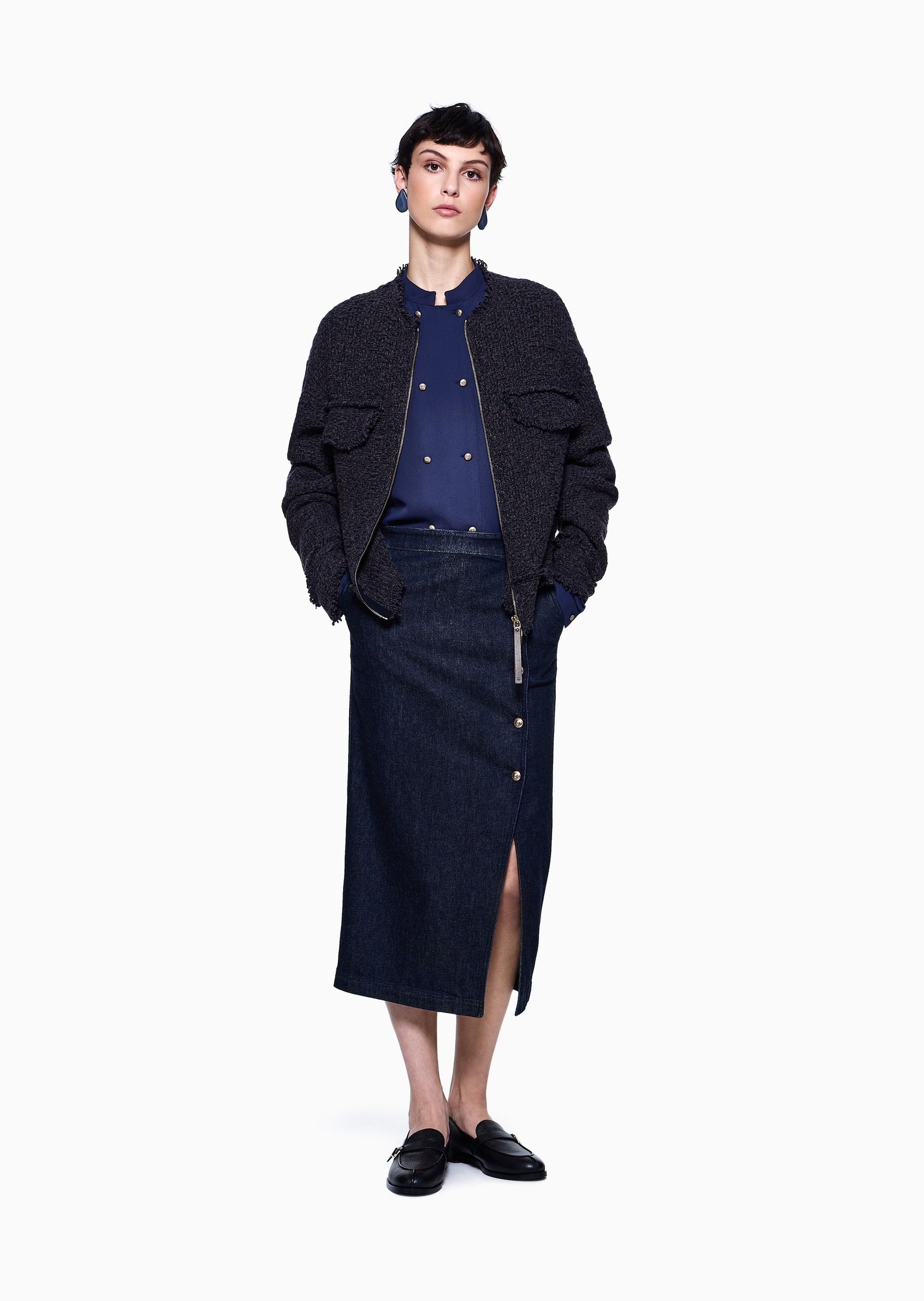 Giorgio Armani 女士棉质微弹中长款前开衩半身裙