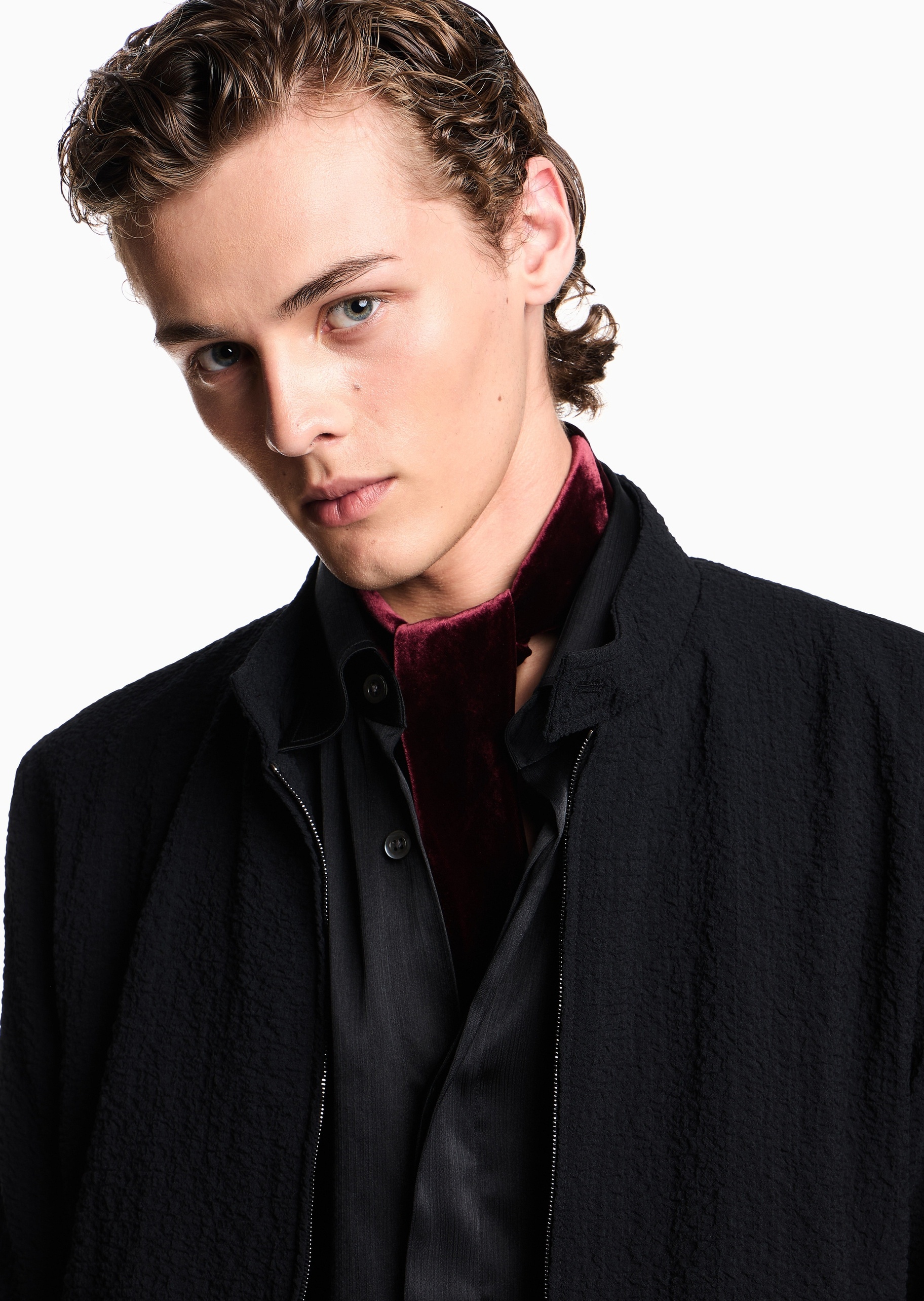 Emporio Armani 男士泡泡纱长袖立领拉链门襟夹克