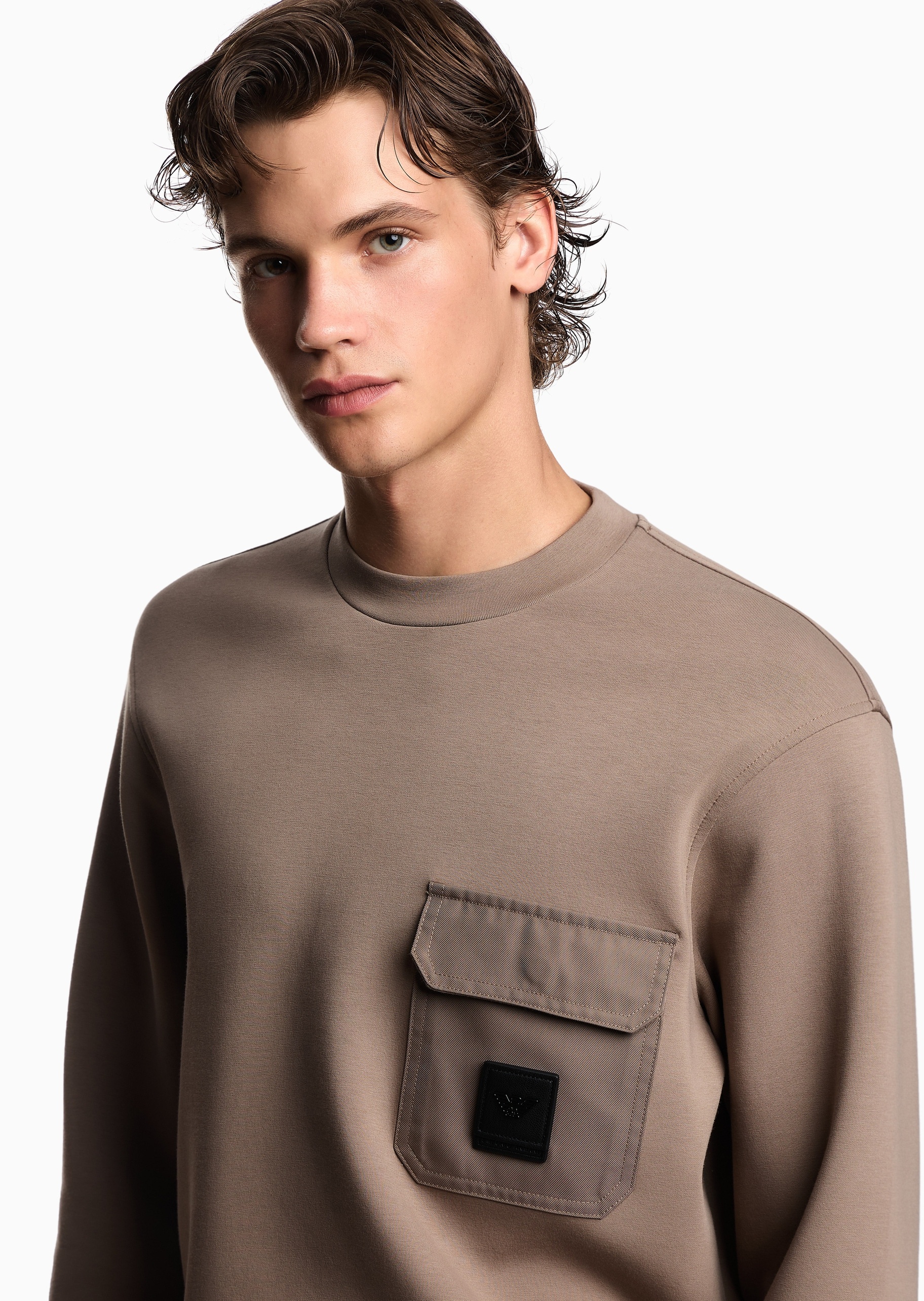 Emporio Armani 男士棉质宽松长袖重磅圆领套头翻盖口袋卫衣