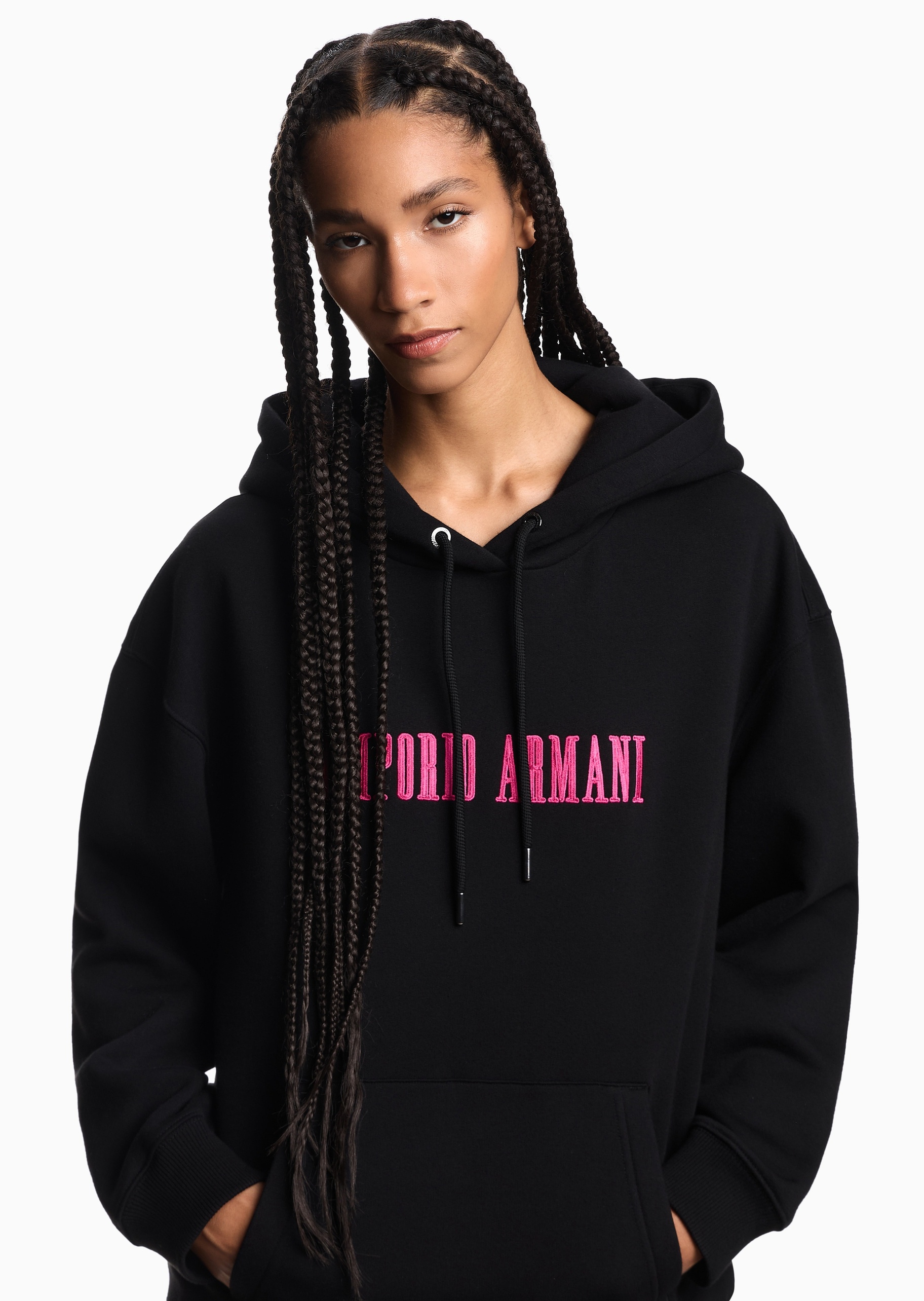 Emporio Armani 女士棉质宽松长袖连帽撞色刺绣加绒卫衣