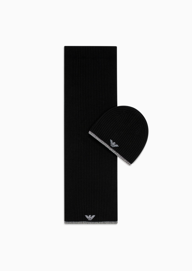 Emporio Armani 男士绵羊毛通体罗纹帽子围巾套装