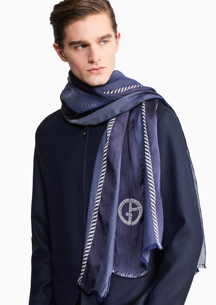 Giorgio Armani 男士长方形短穗撞色刺绣休闲通勤围巾