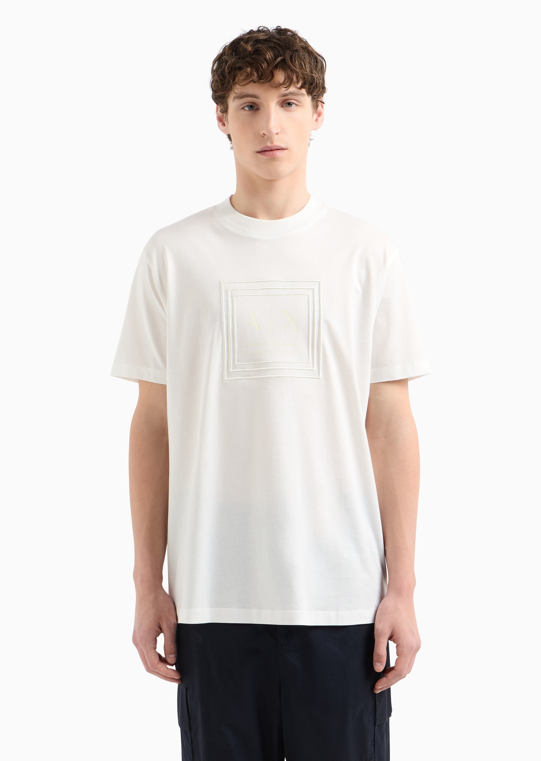 ARMANI EXCHANGE 男士全棉宽松短袖圆领框形刺绣时尚T恤