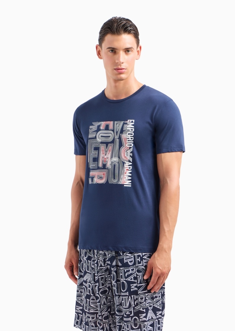 Emporio Armani 男士全棉合身短袖圆领时尚印花沙滩T恤