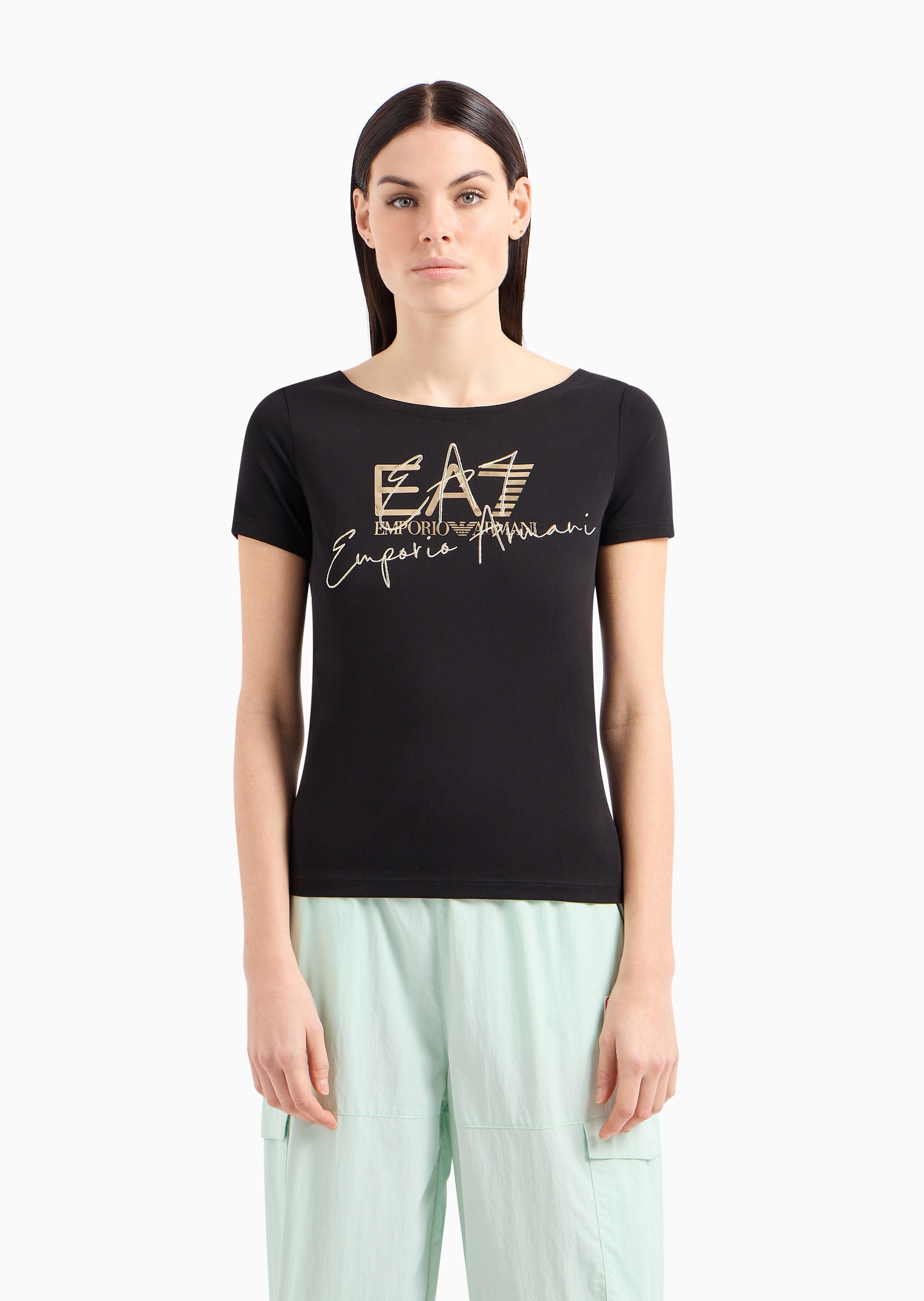 EA7 女士纯棉弹力合身短袖圆领刺绣印花健身T恤
