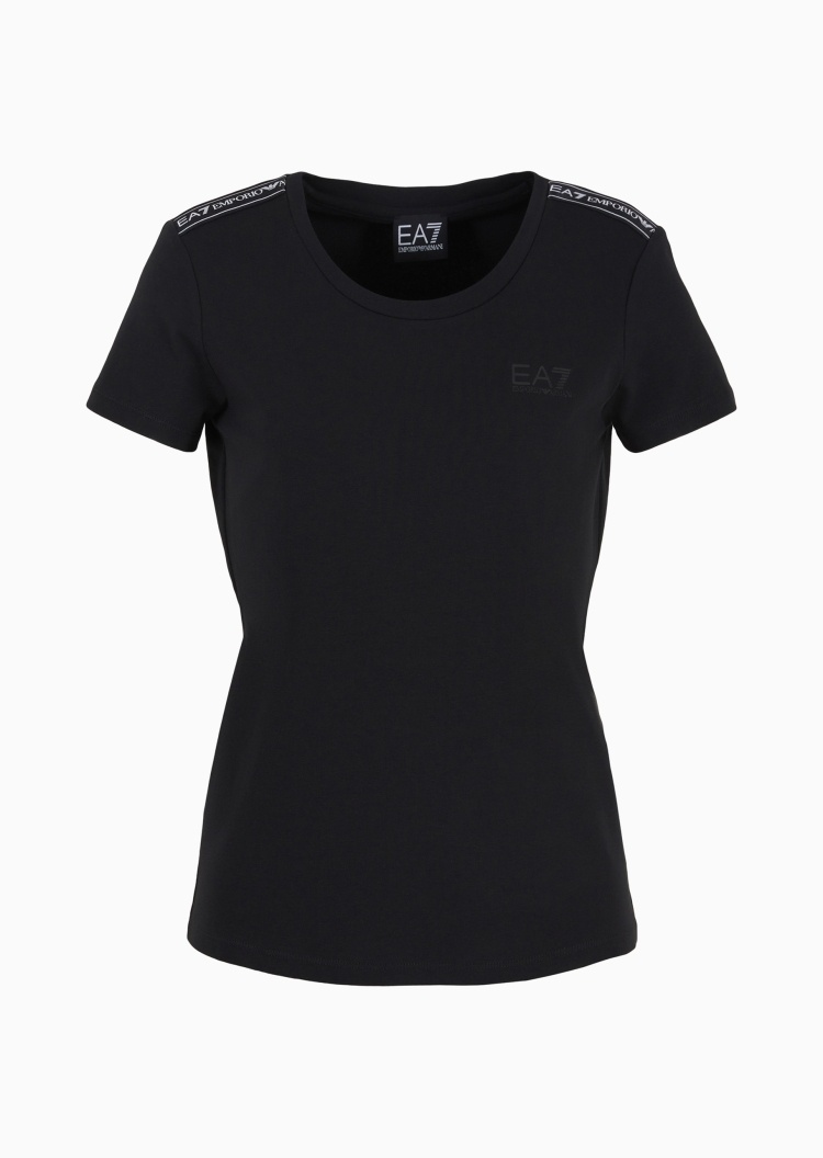 EA7 女士棉质弹力修身短袖圆领饰带健身T恤