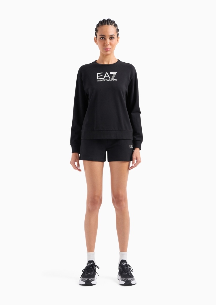 EA7 女士纯棉弹力长袖卫衣短裤健身训练运动套装